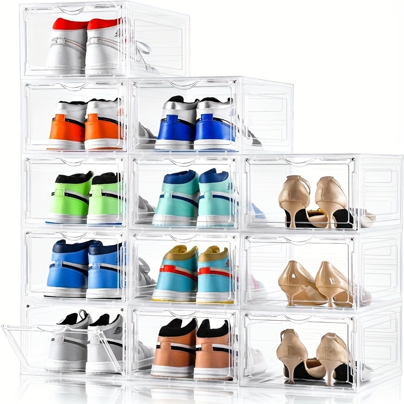 

12 Pcs Shoe Storage Box, 15 Pack Clear Plastic Stackable Shoe Organizer For Closet, Interlocking Design Shoe Container Bins For Sneakers, Foldable Shoe Rack With