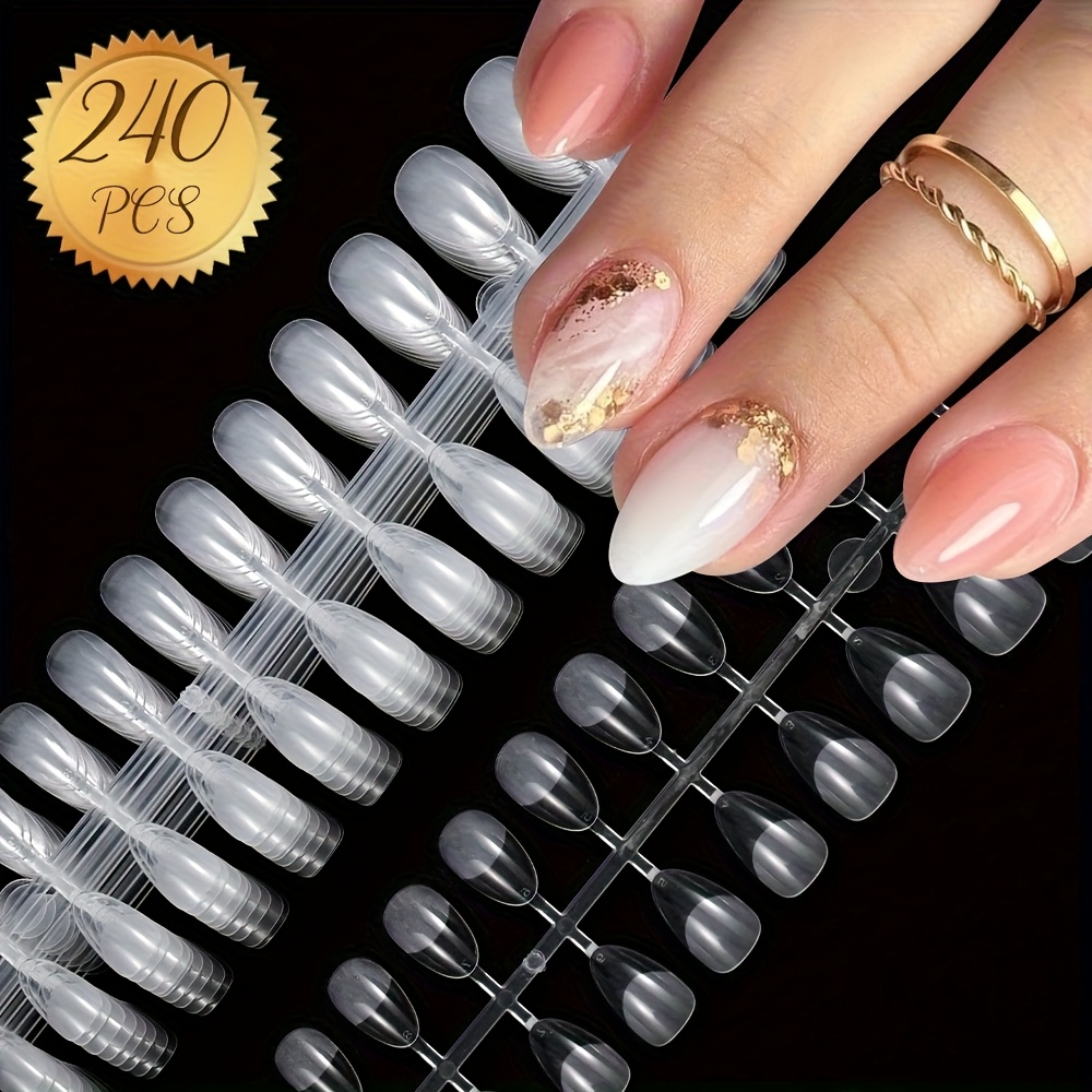 Kit de Uñas Postizas en Forma de Almendra - 120/240 Piezas: Cortas Mate, Largas Ballet, Puntas Mate Transparentes, Puntas Ovaladas y Stiletto Brillantes - Ideal para Manicura DIY