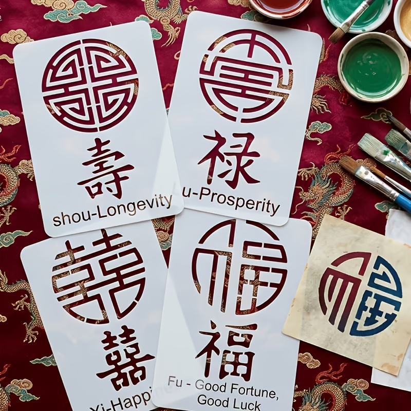 TEMU Stencil riutilizzabili per calligrafia cinese con Fu, Lu, - Scritte di benedizioni adatte per lavoretti fai da te, confezioni regalo, pittura