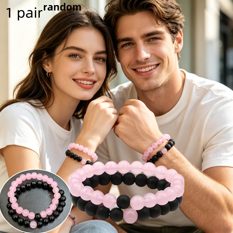 TEMU Lot de 2 bracelets perlés de style aléatoire, cadeau pour petit ami, cadeau de , bracelet à perles rondes noires, blanches et roses