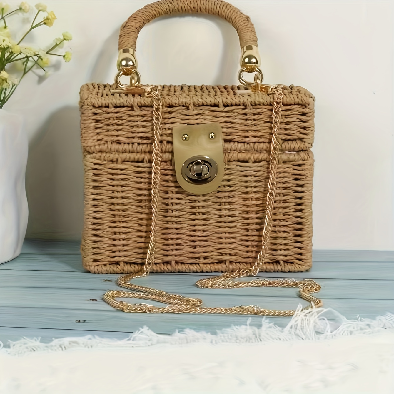 

Chic Khaki Straw Woven Crossbody Bag With Twist Lock Closure And Polyester Lining