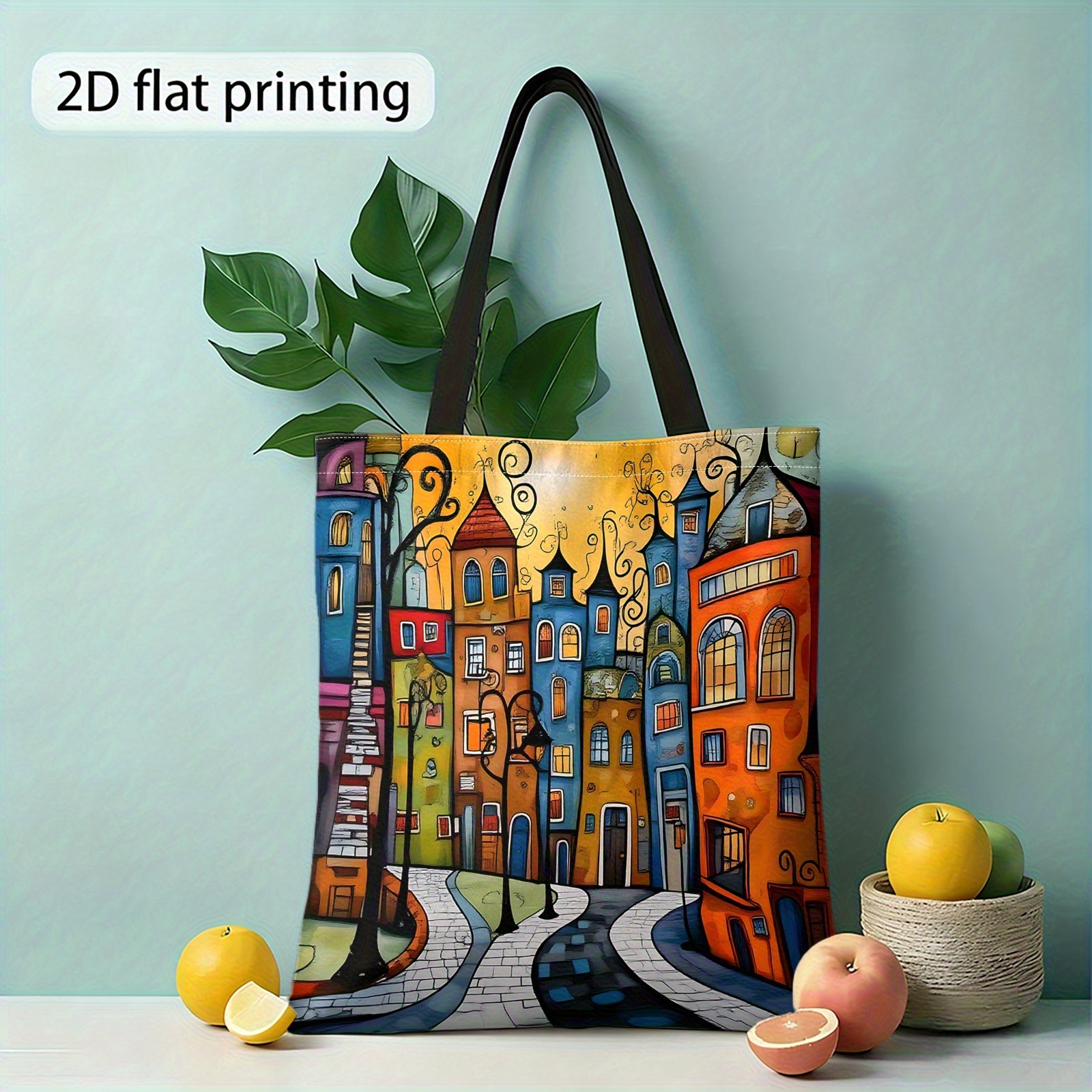 E-shop Damen & Unisex Leichte Einkaufstasche mit 2D - & Straßenszene-Druck – Wiederverwendbare Tragetasche, Farbecht, Maschinenwaschbar, Casual-Tasche