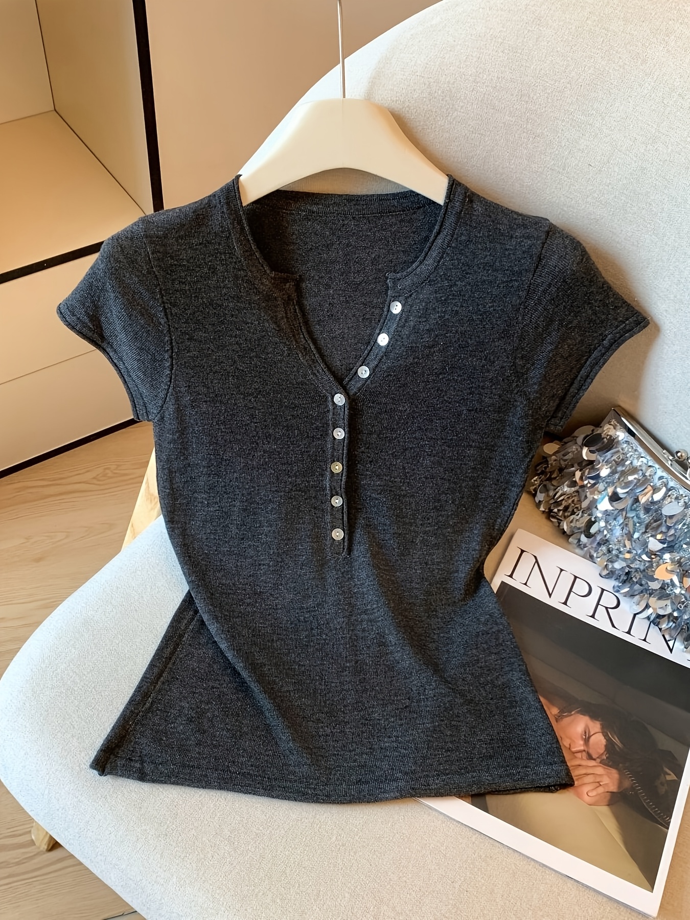 Sweet-style V-neck Button-up Cap Sleeve Blouse for Women, Summer Top