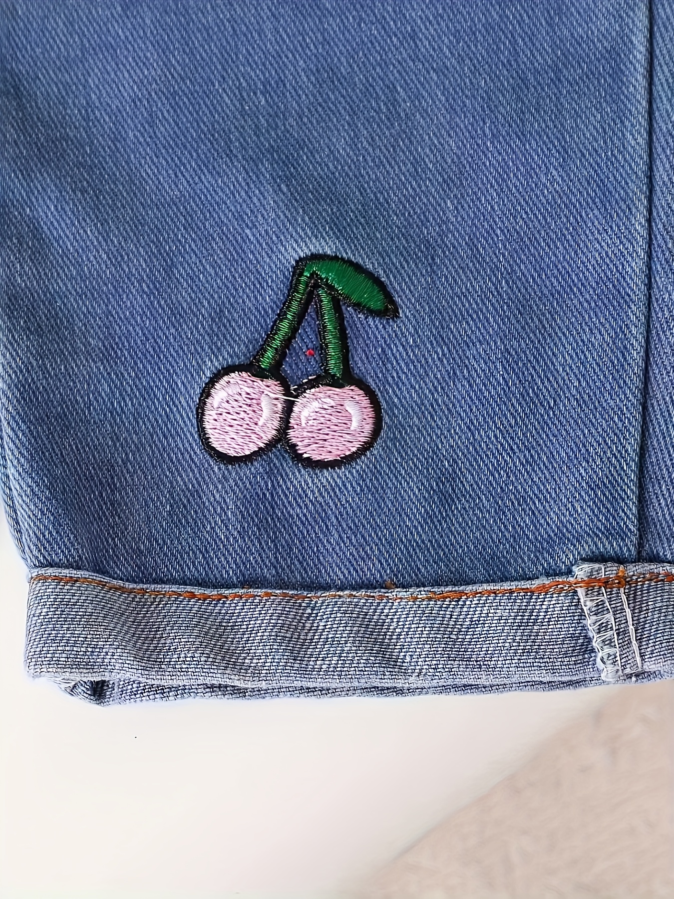 spring and autumn casual sweet and   for baby girls a pink waffle collar faux two piece top   with cherry embroidered straight leg elastic waist faux denim set   everyday   and play for outdoor Product details 3