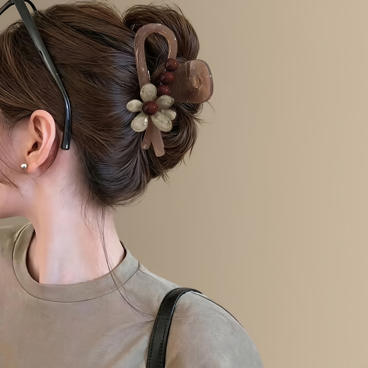 TEMU Medium-sized Smoky Tea-colored Floral Hair Claw Clip For Women, High-end And Elegant, Versatile For Back-of-the-head Updos And Ponytails