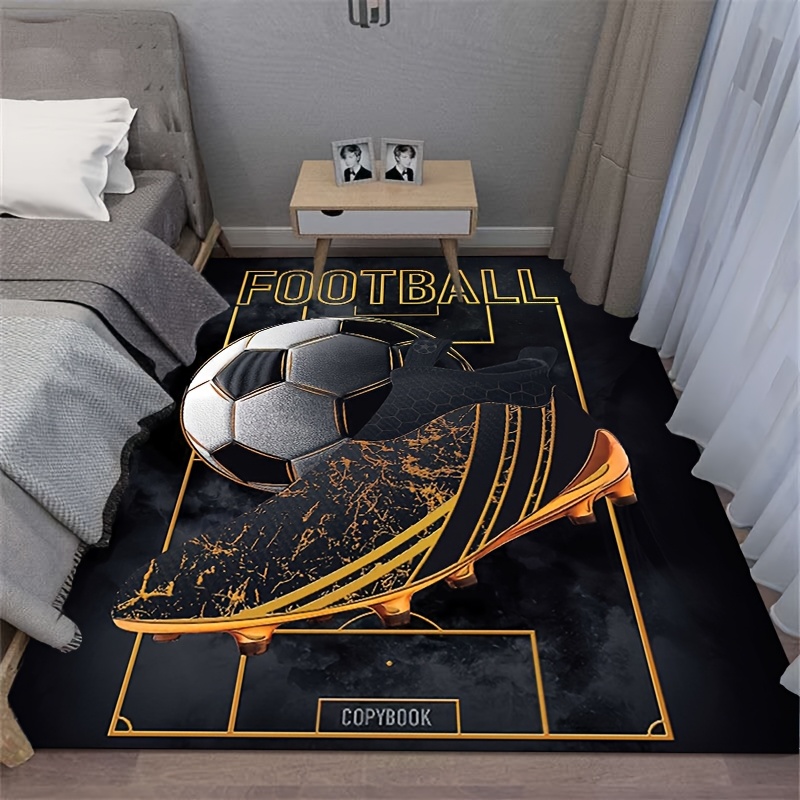 TEMU Football Theme Mat - Black & Golden Soccer Design With Graphics, 100% Polyester Machine-washable Floor Mat For Living Room, Bedroom, Kitchen,