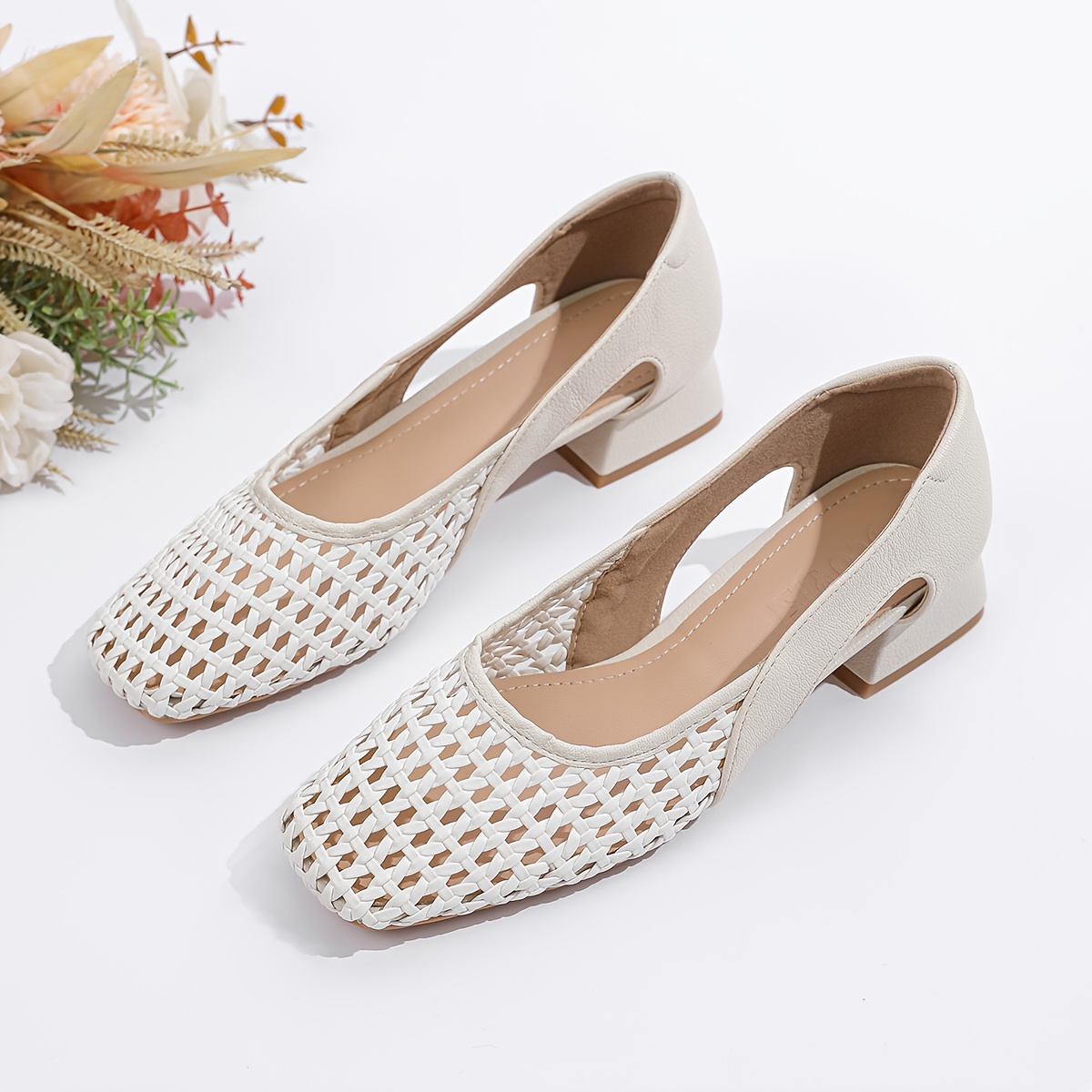 Image of Square Toe Chunky Heel Hollow Shallow Mouth Elegant Hollow Out Mesh Breathable Comfortable Versatile Daily Women's Shoes, Women Shoes