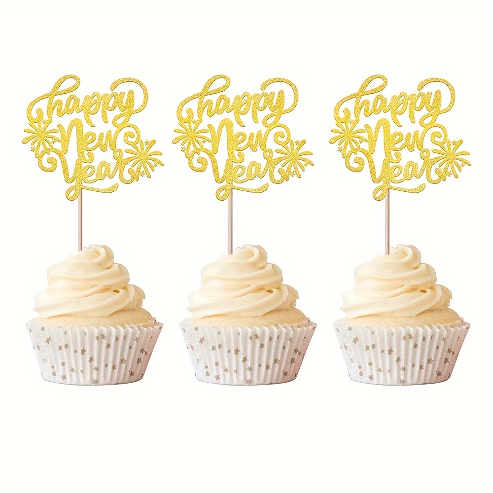 

24-pack Bamboo Happy New Year Cupcake Toppers, Golden Glitter Fireworks Design, Non-electric, Featherless, New Year's Eve Party Decorations And Supplies