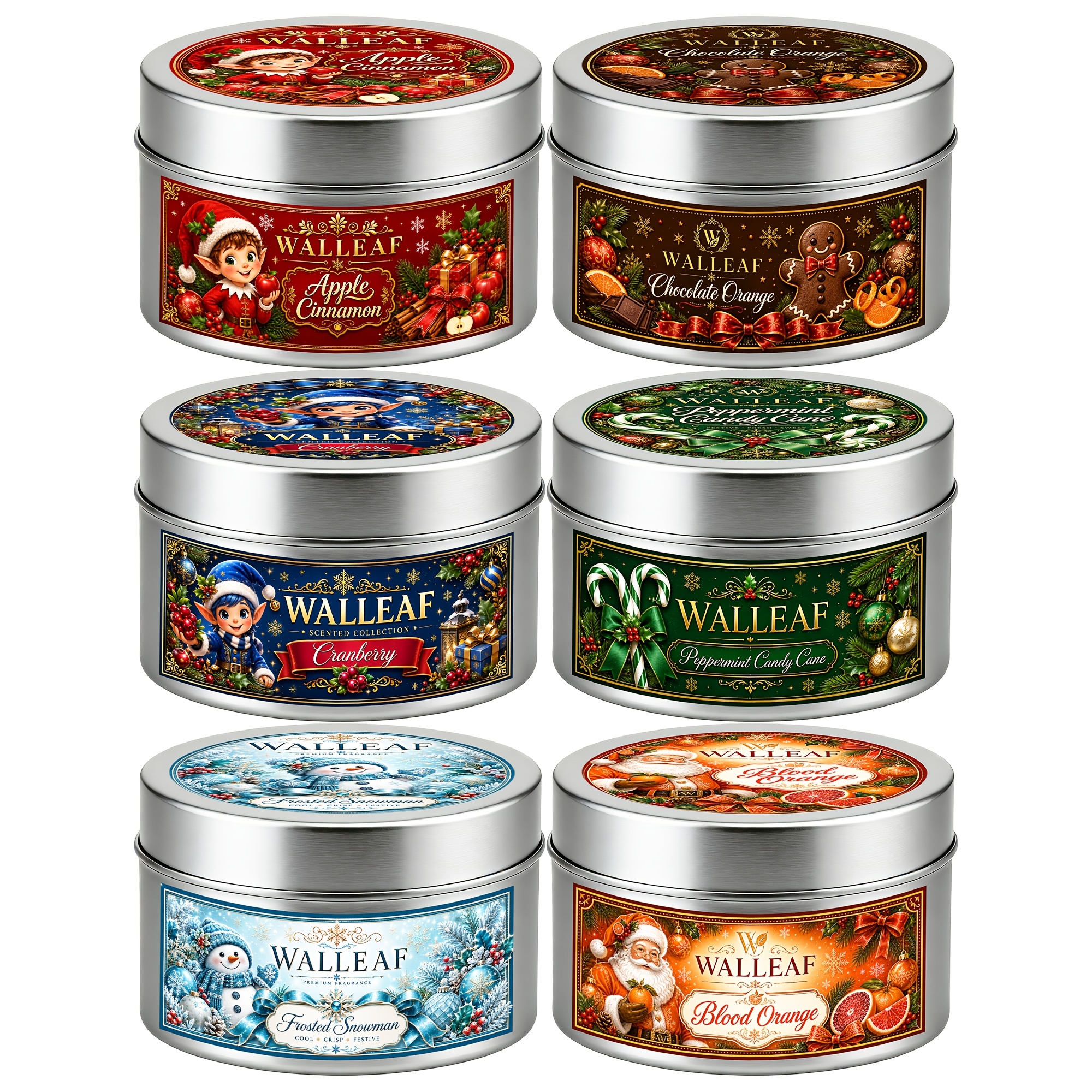 TEMU Walleaf Christmas Scented Candle Multi-scent Gift Set, Cinnamon, Chocolate Orange, , Cane, Winter Snow And Blood Orange Metal Cans, Suitable For