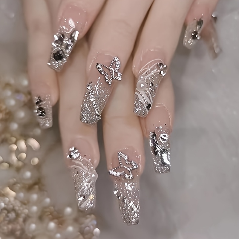 TEMU Shiny Long Silvery Nail Stickers Full Coverage Manicure Perfect Gift For Women And Wearable Set Suitable For Music Festivals, Ramadan Celebrations, And Any Occasion Blooming Beauty