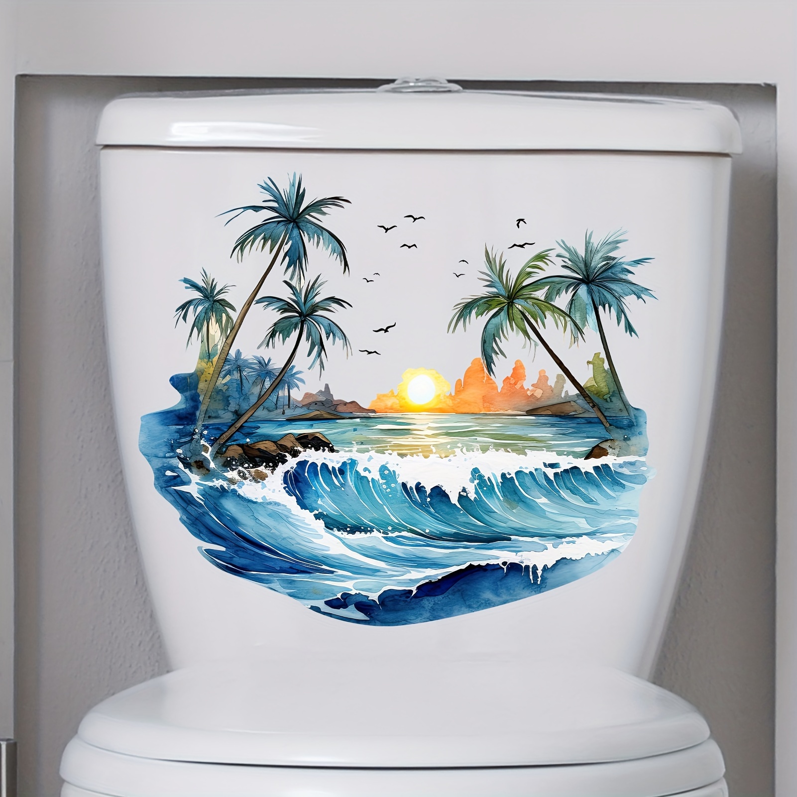 

Summer Vibes Coconut Tree & Sunset Toilet Decal - Waterproof Pvc, Self-adhesive Bathroom Sticker For Toilet Cover