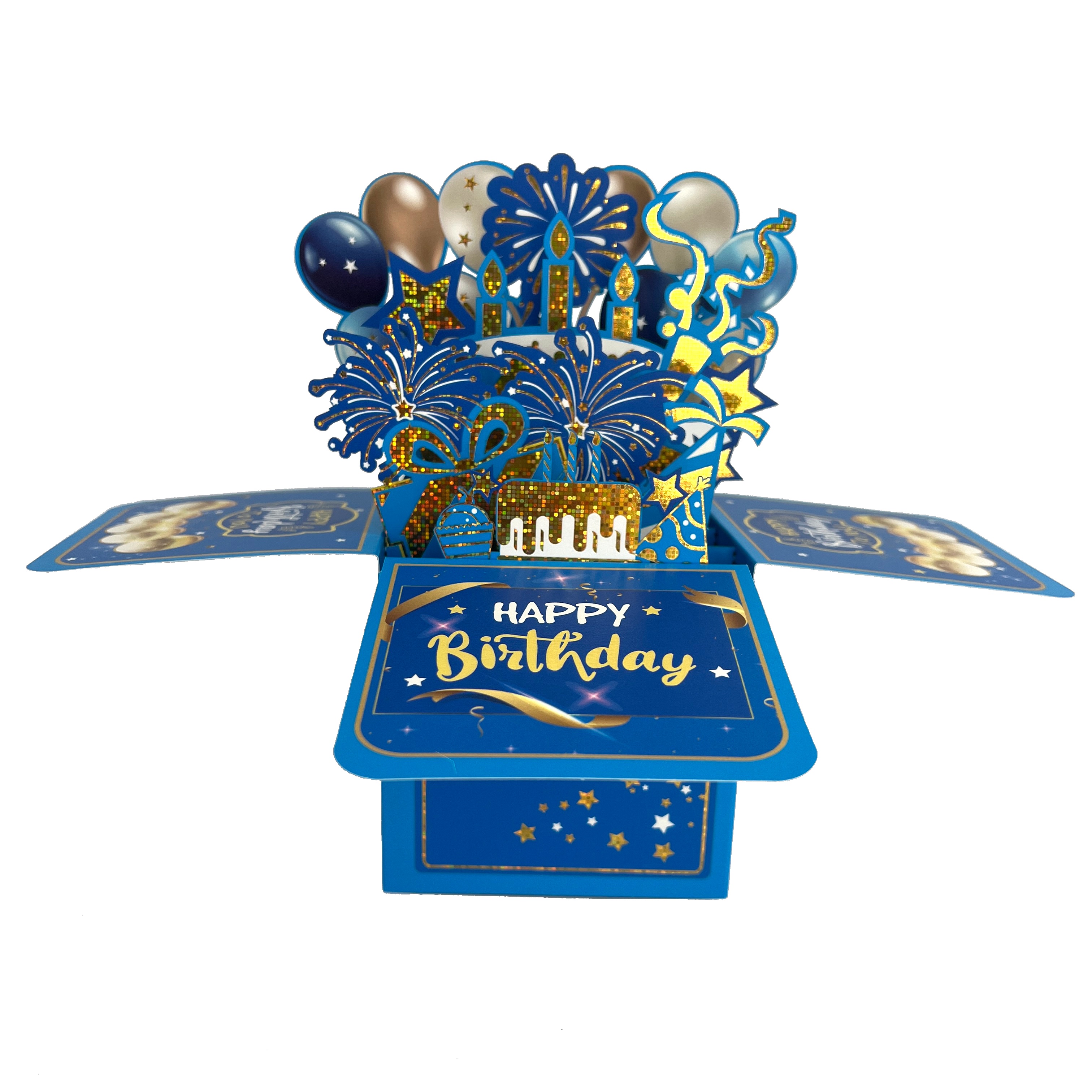 

Happy Birthday Pop-up Greeting Card With Cake, Candles, Gifts, And Balloons - 3d Patterned Cartoon Design, Perfect For Anyone's Birthday Celebration, Includes Envelope And Message Card