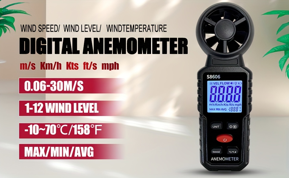 Anemómetro digital portátil para medir velocidad del viento, temperatura y nivel, sin batería