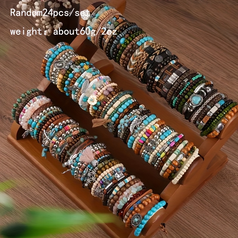 TEMU Nouvelle en Stock : Lot de Bracelets Extensibles à Perles en Bois Turquoise Style Ethnique Vintage, Plusieurs Pièces, Expédiés Aléatoirement,