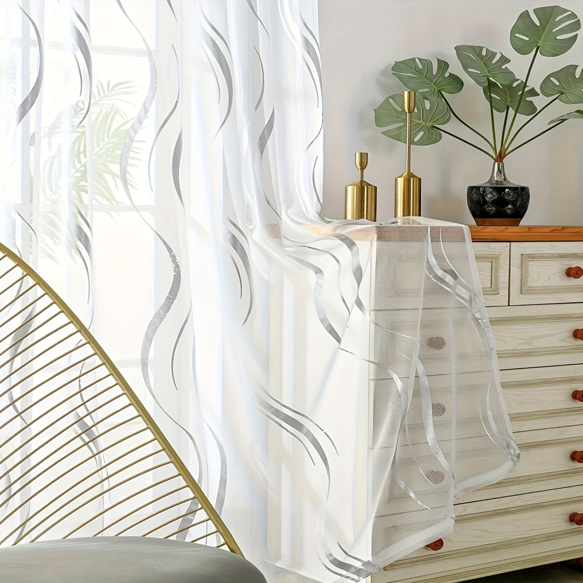 TEMU 1pc Curved Gold-foiled Window Net, Rod Hanging Style, Sunscreen Privacy And Protection, Suitable For New Year Christmas Bedroom Living Room