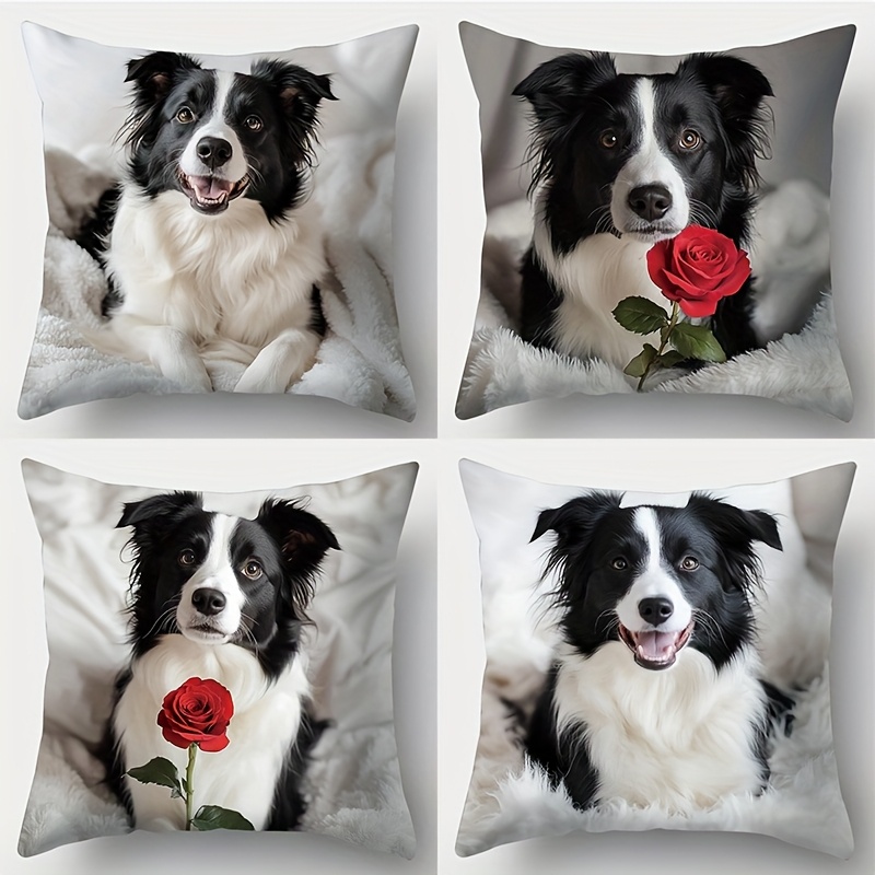 TEMU 4-delige set, bedrukte kussensloop, Border Collie thema , Border Collie grijnst of houdt een rode roos . Ze brengen een warme en levendige sfeer