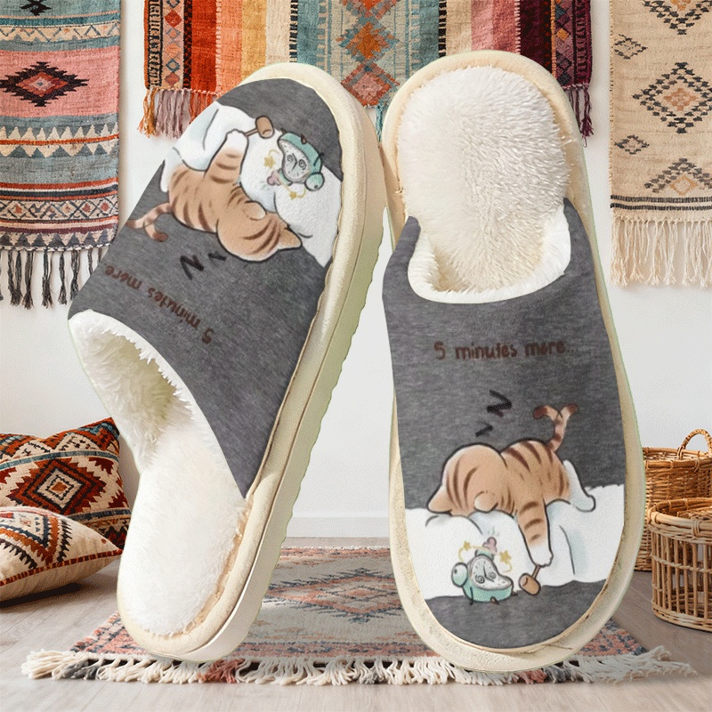 TEMU Pantuflas Yiju de tono curativo "Atigrado naranja somnoliento y en la cama" de estilo conmovedor. En un de grises, perezosa del atigrado naranja