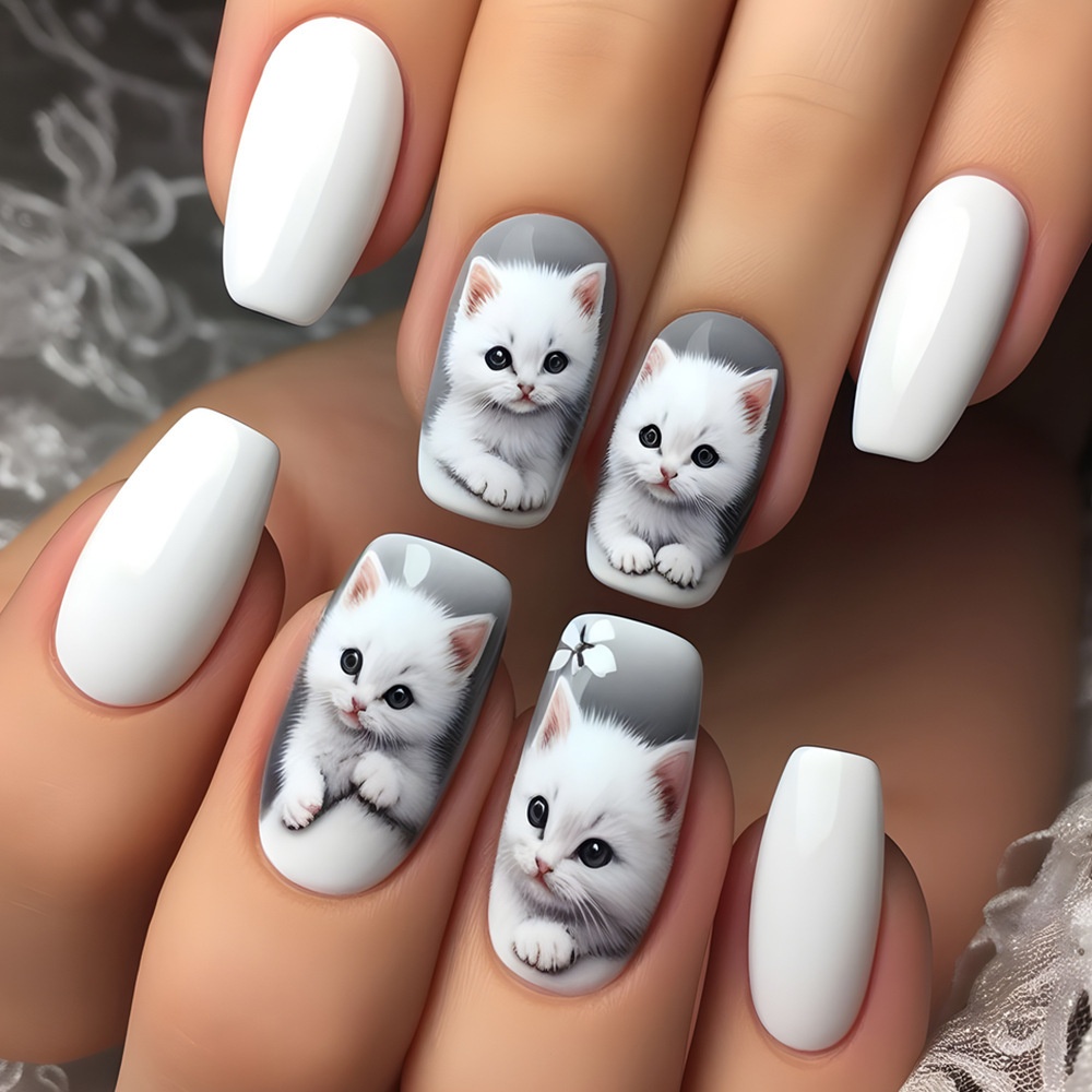 Upgrade Your Look With 24pcs Of Short Square Press-on Nails Featuring An Adorable Kitten Design, Glossy Finish, And Detachable Extensions. Includes Jelly Glue And 1 Nail File
