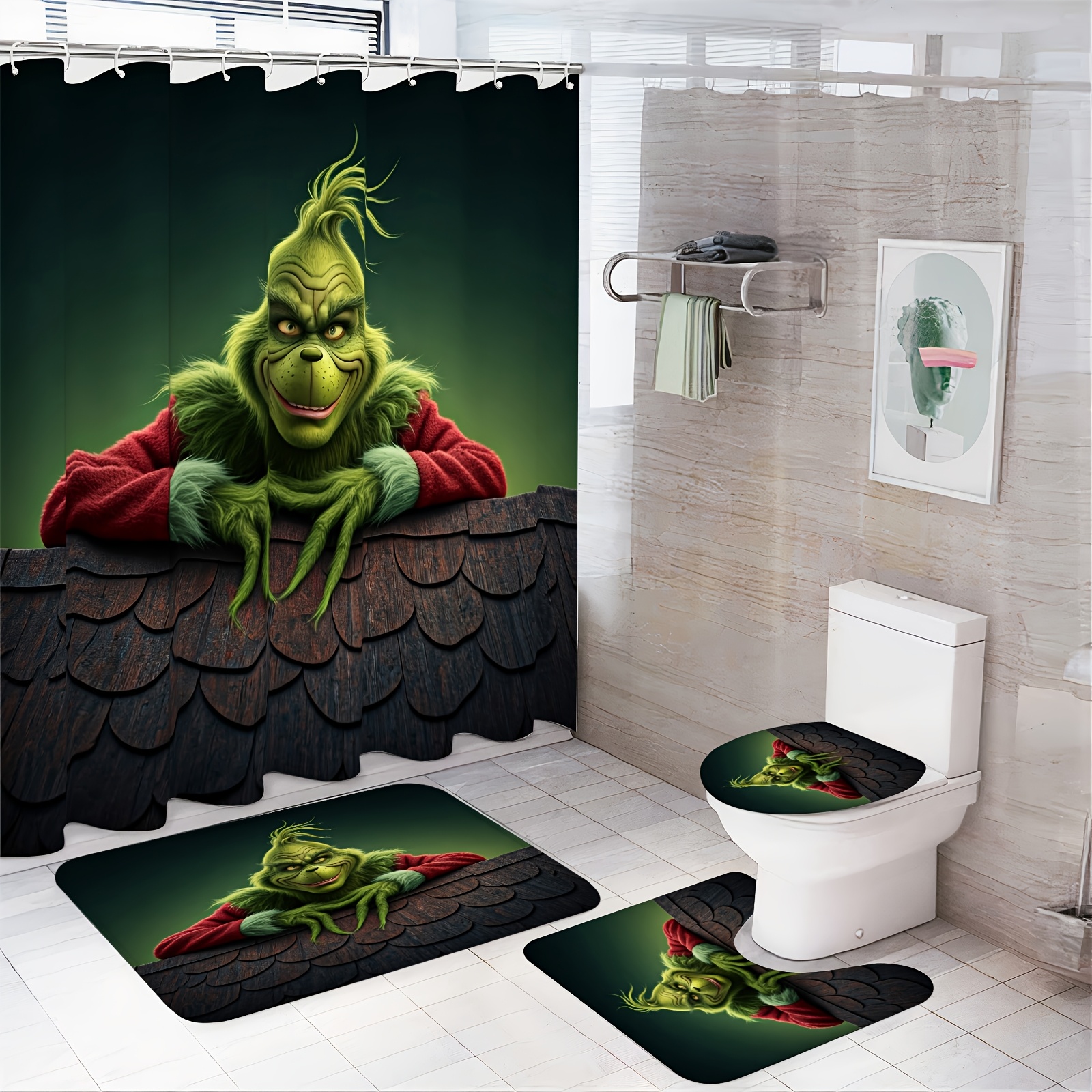 

1/3/4pcs Bathroom Shower Curtain Floor Mat Set Winter Decor Christmas Decoration Gifts Including Shower Curtain, Bathroom Floor Mat, Mat And Toilet Seat Cover Mat Mats Sets Home Decor