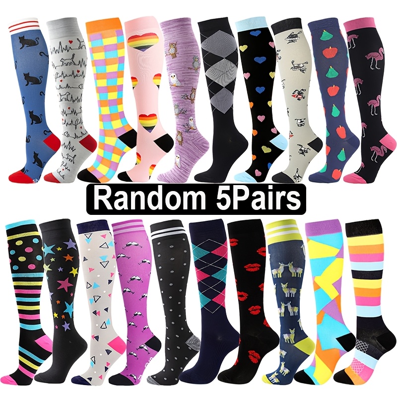 5 Pairs Random Compression Socks For Women And Men Knee-high Long Socks Sports Cycling Running Athletic Socks Baseball Football Basketball