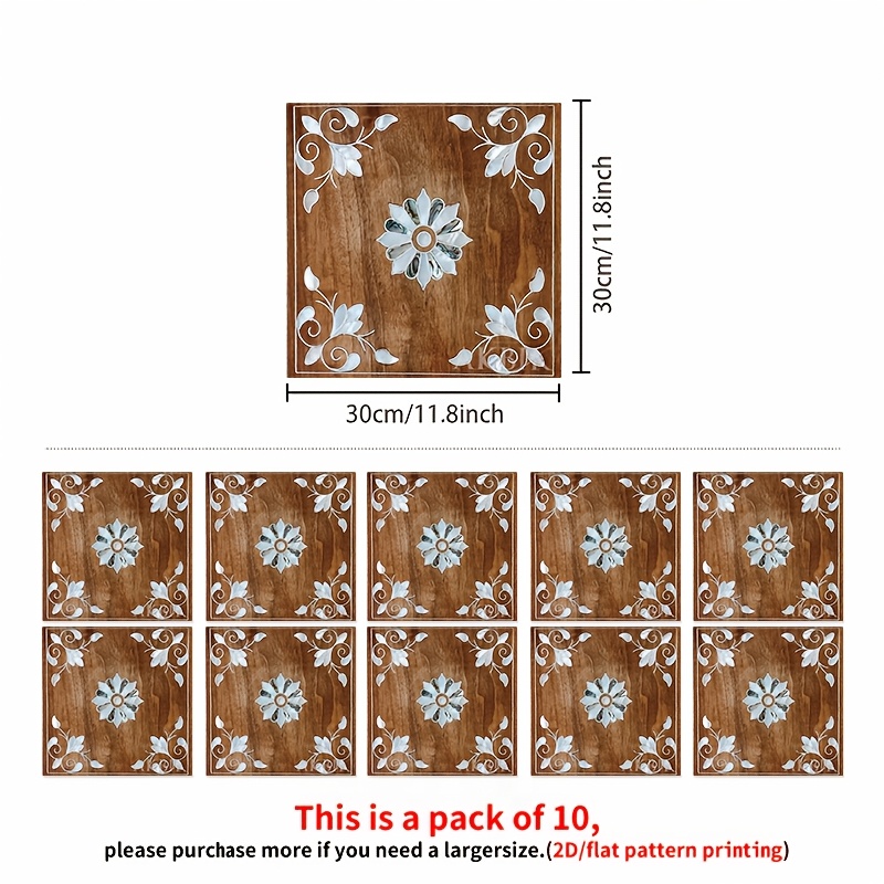 TEMU 10pcs 2d Self-adhesive Vinyl Floor Stickers, 30.0x30.0cm, Mother-of-pearl Inlaid Floral And Scroll Pattern, Brown With Pearlescent White And