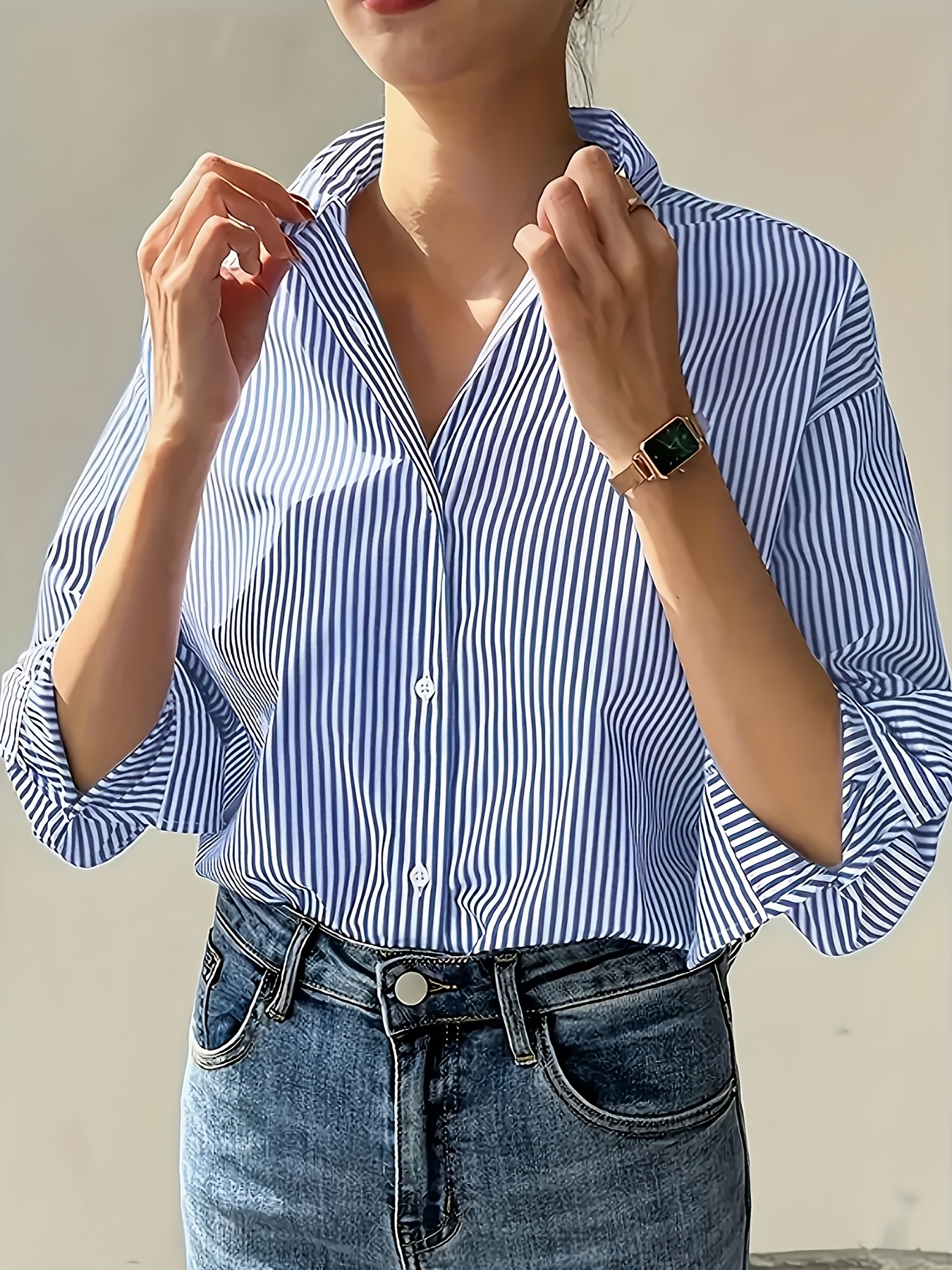 elegante camicia a righe maniche lunghe e bottoni donne blu Temu