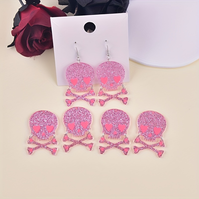 

6pcs Acrylic Charms Set - Sparkly Pink Cute Skeleton Pendants For Diy Jewelry Making, Halloween Earrings And Necklace Accessories