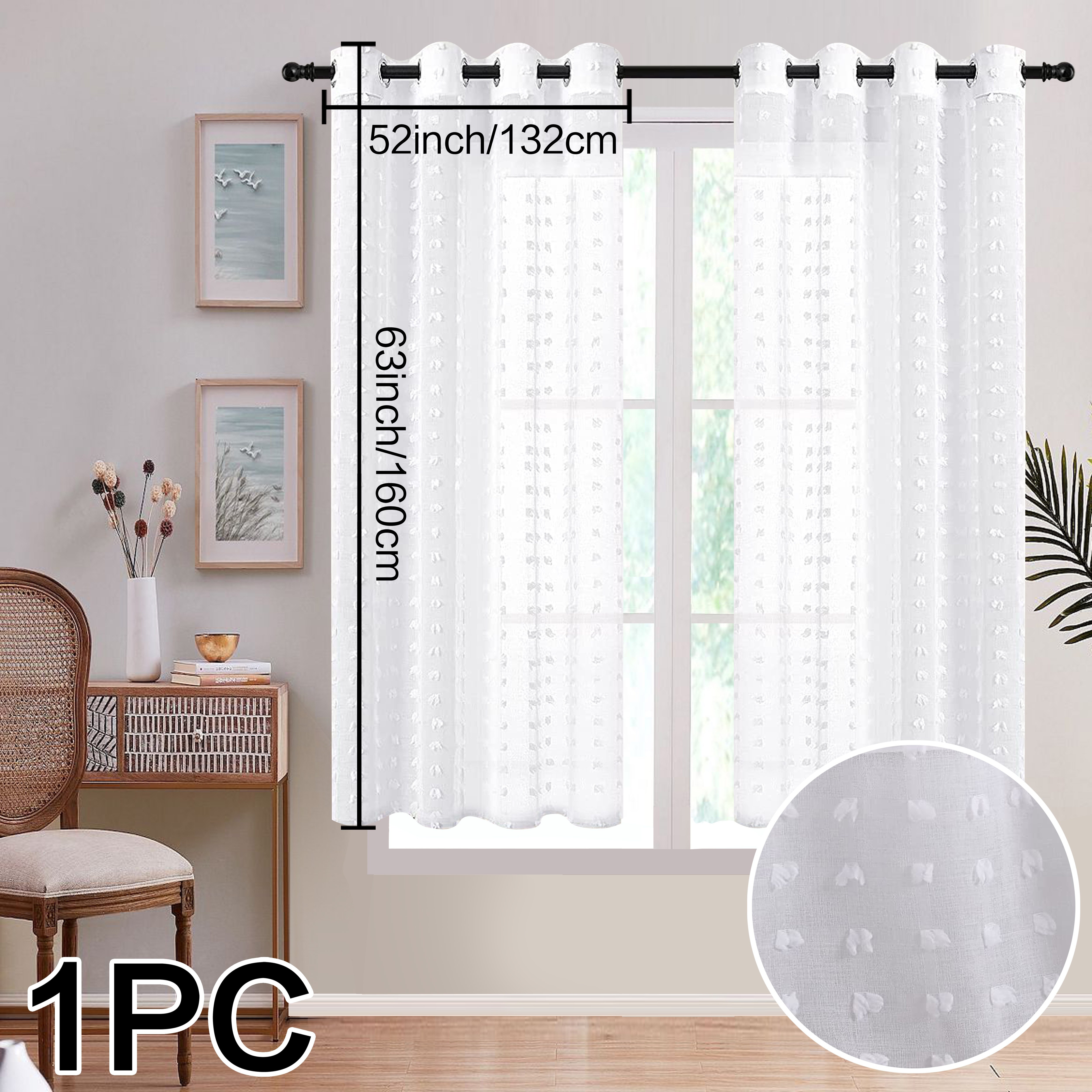 Image of 1pc Boho Chic 84" White Sheer Curtain With Grommet Top And Pom Pom Tufting - Semi-sheer, Textured Embroidery For Elegant Bedroom, Office, Kitchen, Living Room, Study Decor, Curtains For Living Room