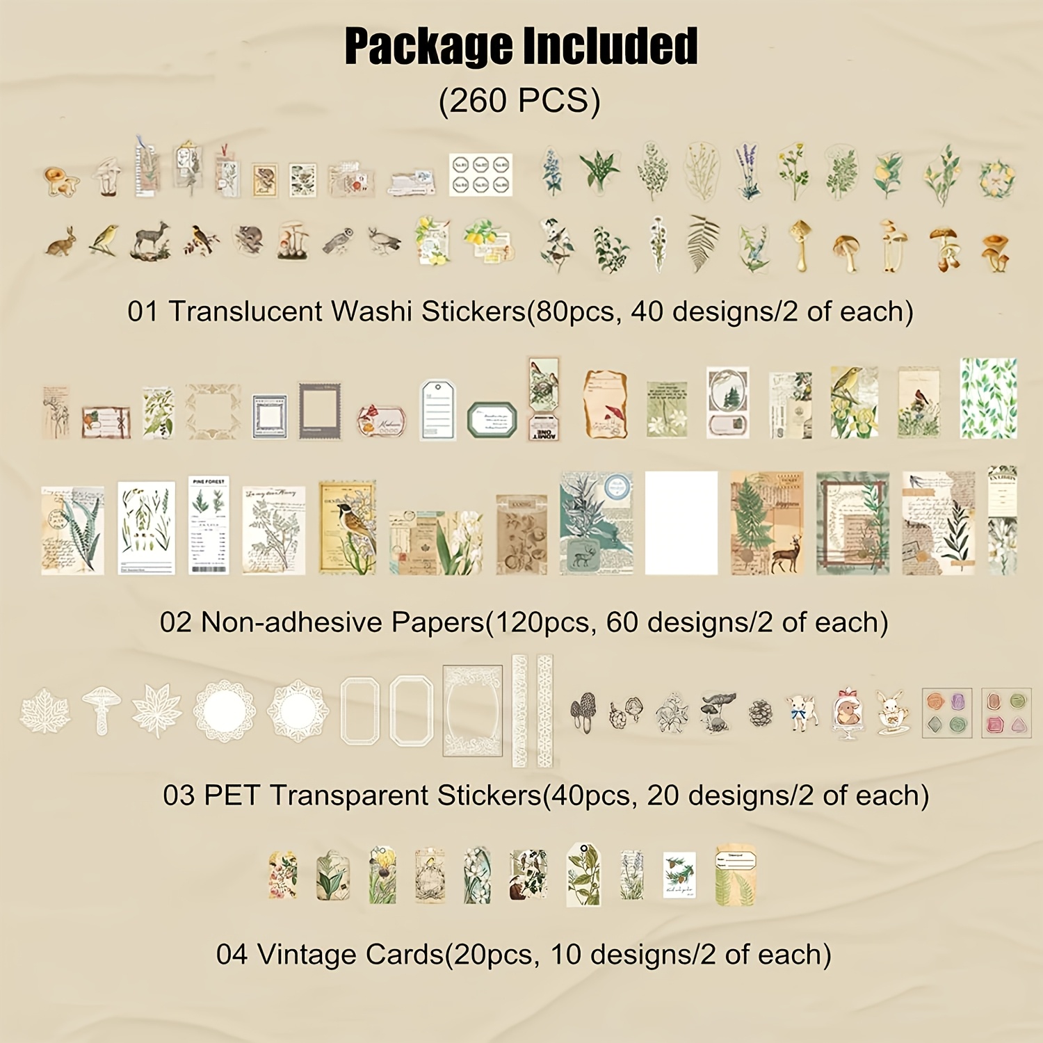 260pcs Scrapbook Additions Set with Retro Stickers and Papers