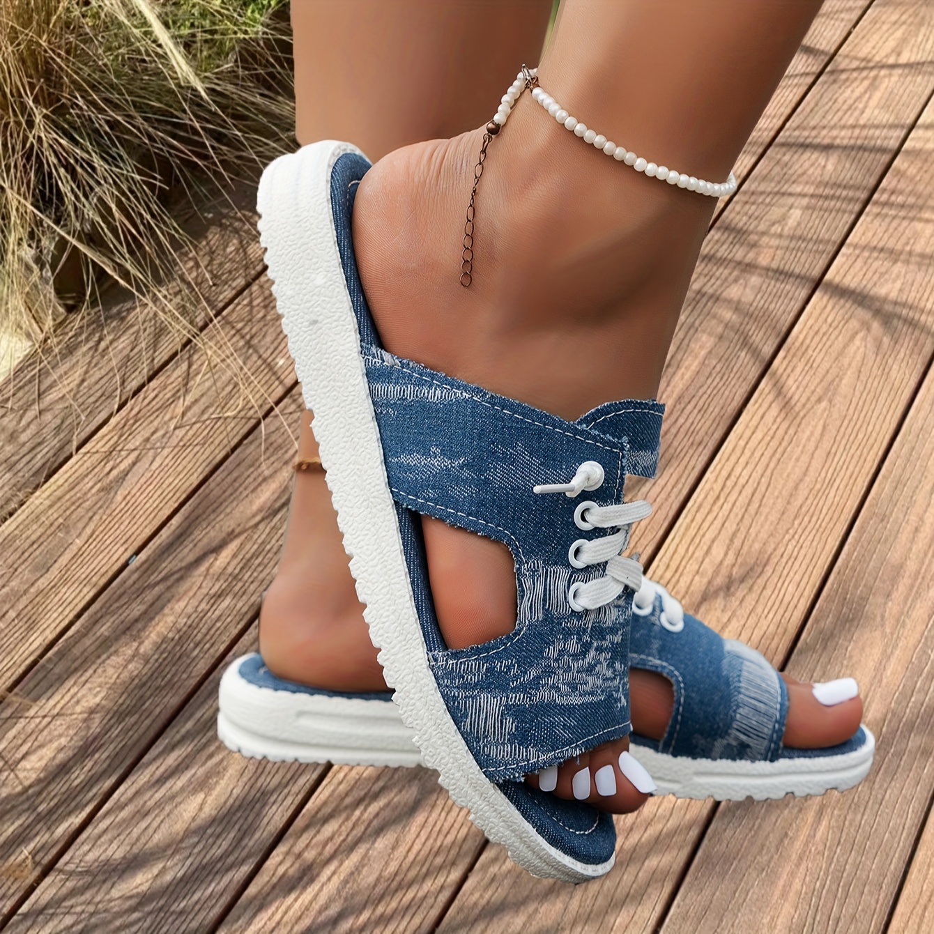 

Sandales en toile décontractées pour femmes, pantoufles d'été à la mode avec détails à lacets, chaussures plates confortables à bout ouvert pour un usage quotidien