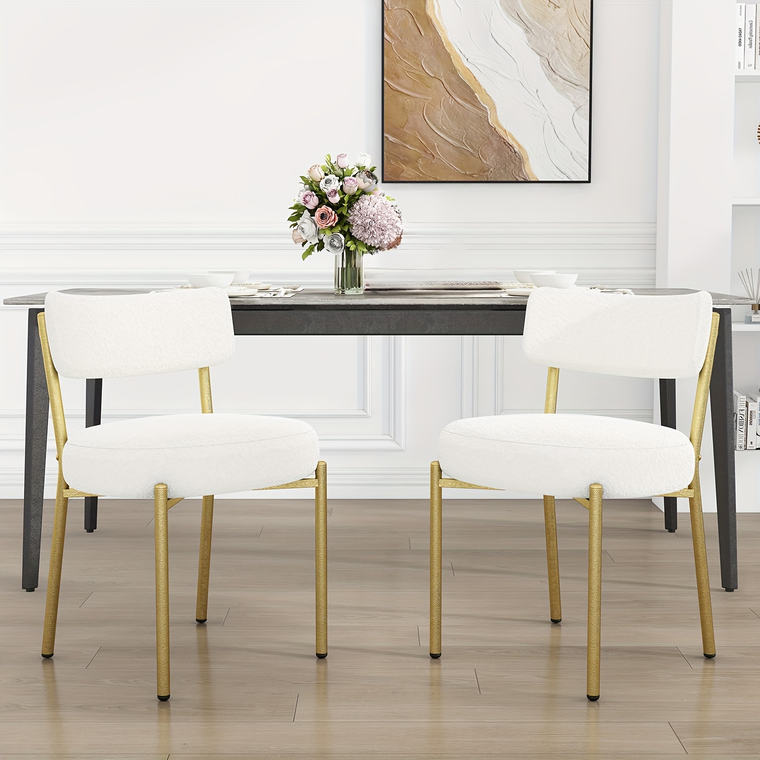 

Dining Chairs Set Of 2, Sherpa Kitchen Dining Room Chairs, Upholstered Dining Chair With Metal Leg/backrest, Boucle Velvet Dining Chairs For Living Room