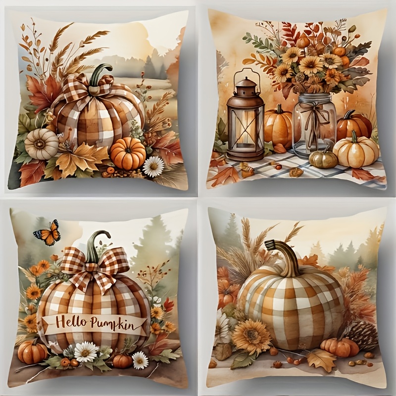 TEMU Lot de 4 housses de coussin à carreaux rustiques de style ferme avec citrouilles - Convient pour porche, patio, housses de canapé, fermeture à