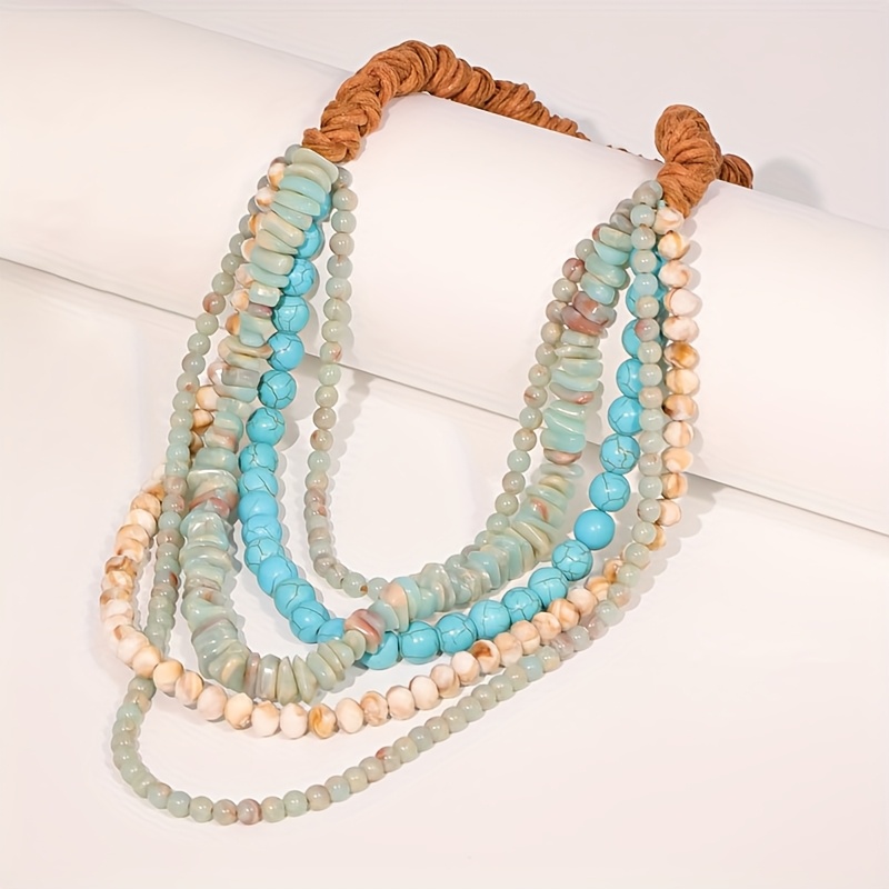 TEMU Bohemian Glass And Stone Fiber Rope Necklace - Casual And Festive Jewelry