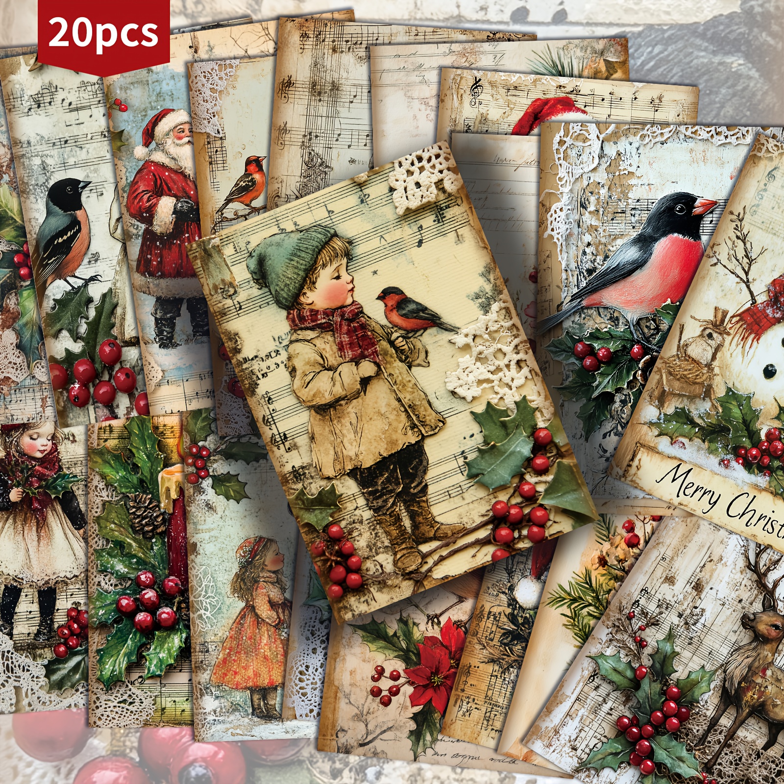 TEMU 20pcs Vintage Country Christmas Santa Decor Sheet Music Postcards - 4x6 Inch Retro Magazine Paper, Illustration, Collectible Decorative Painting