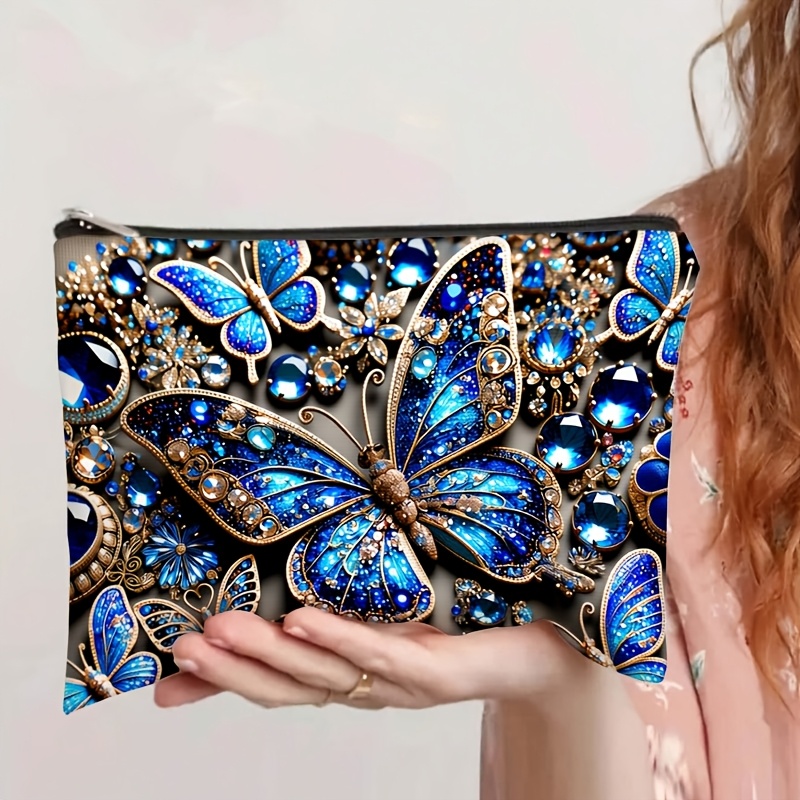 TEMU Beauty Case con e Gemma Blu, Pochette Trucco con Stampa di Strass Scintillanti, Borsa da Viaggio Portatile con Cerniera per Donna, Regalo