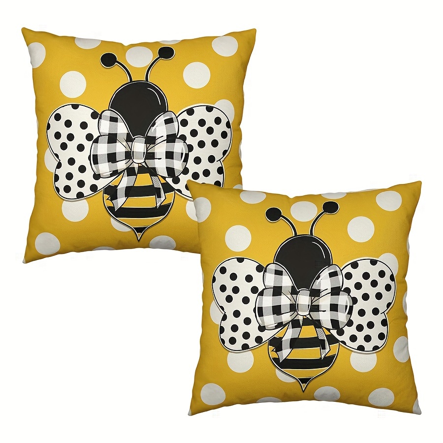 

2pcs Linen Bee & Polka Dot Pillow Covers - Bee Farmhouse Decor, Zippered Throw Cushion Cases For Sofa, Patio, And Bedroom - Machine Washable, Multiple Sizes (16x16, 18x18, 20x20)