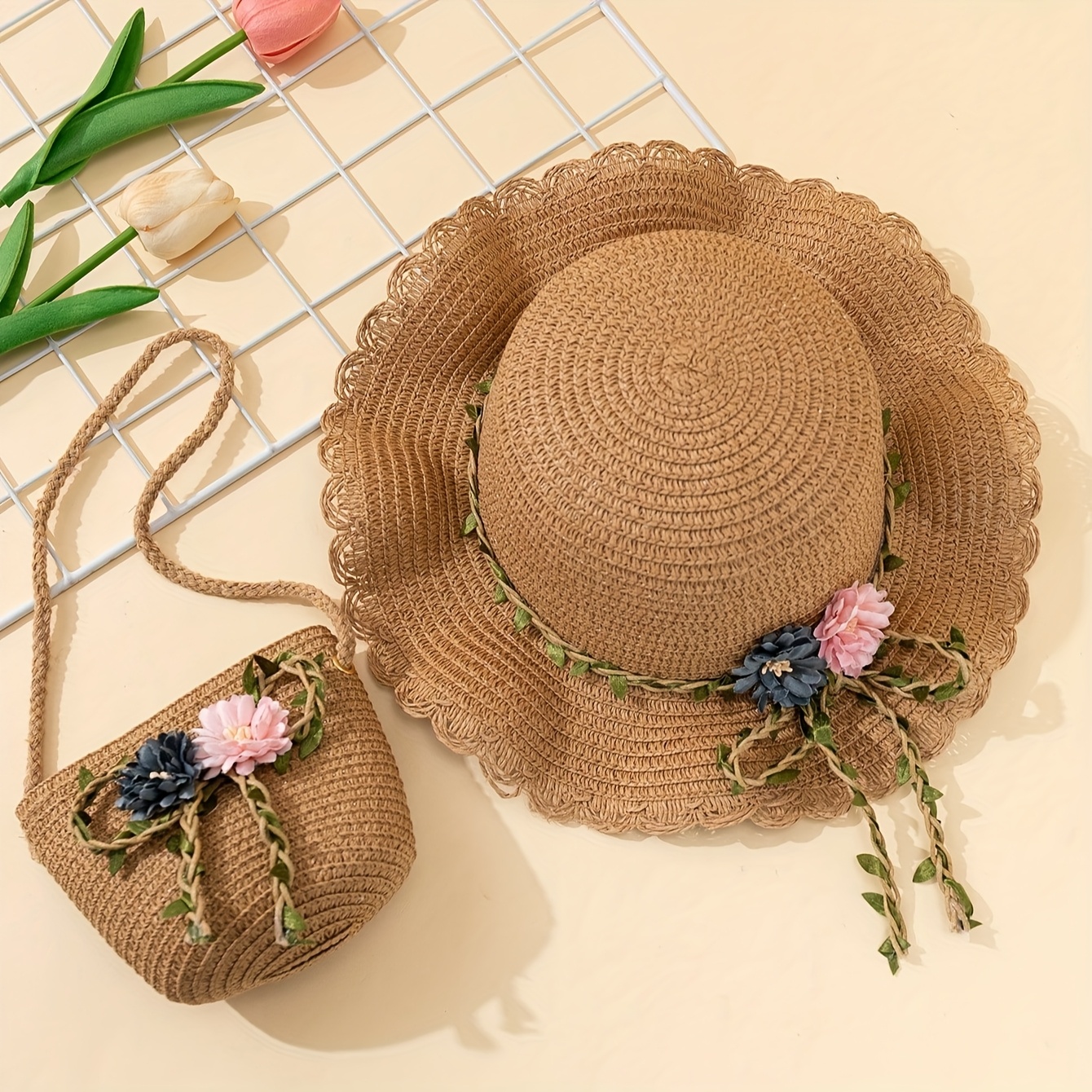 2pcs straw hat wave shape flower leaf decoration Temu Australia