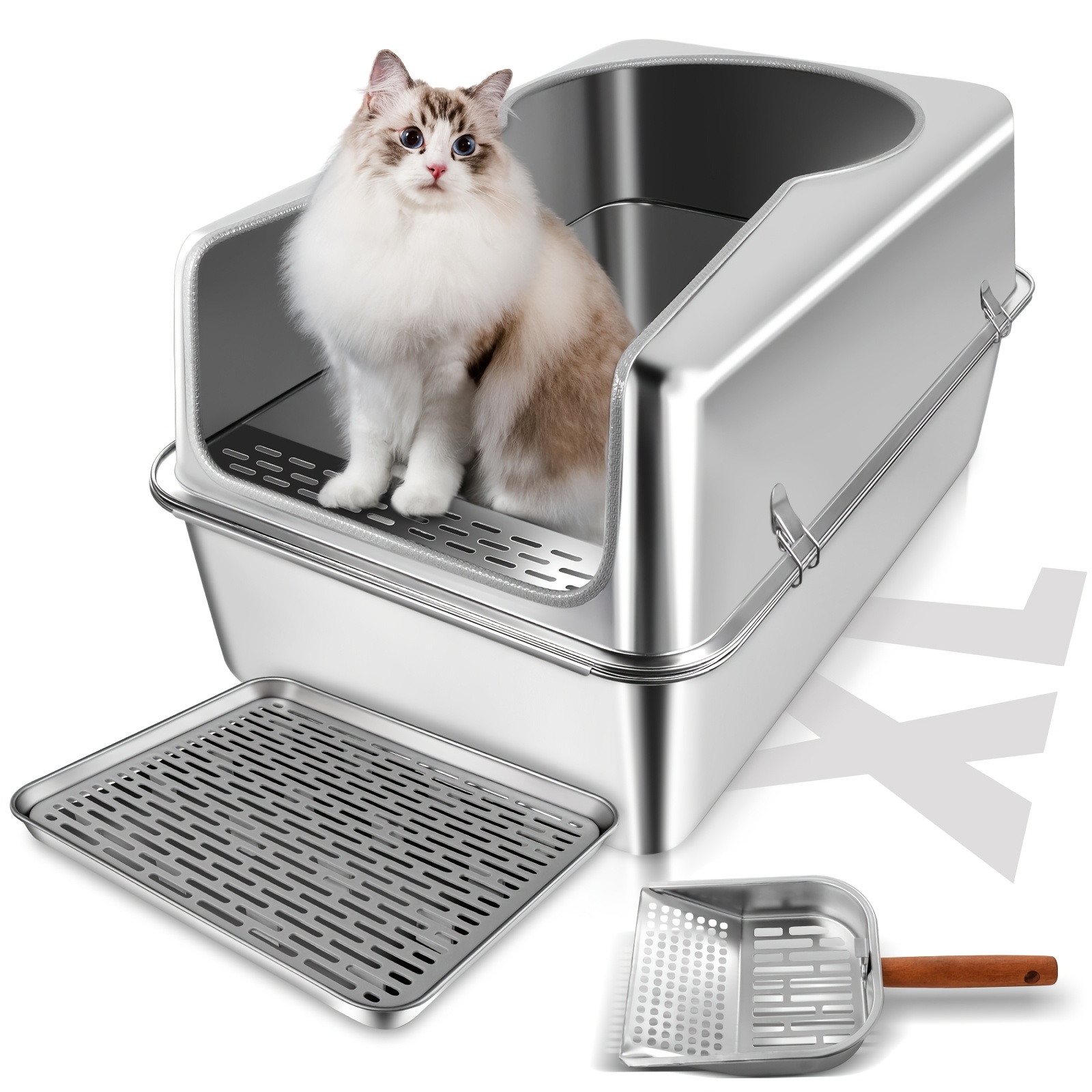 TEMU Extra Large Stainless Steel Cat Litter Box With Stainless Steel Scoop And Footrest, With Splash Guard - Semi-open, Sand-proof Design, Easy To Clean