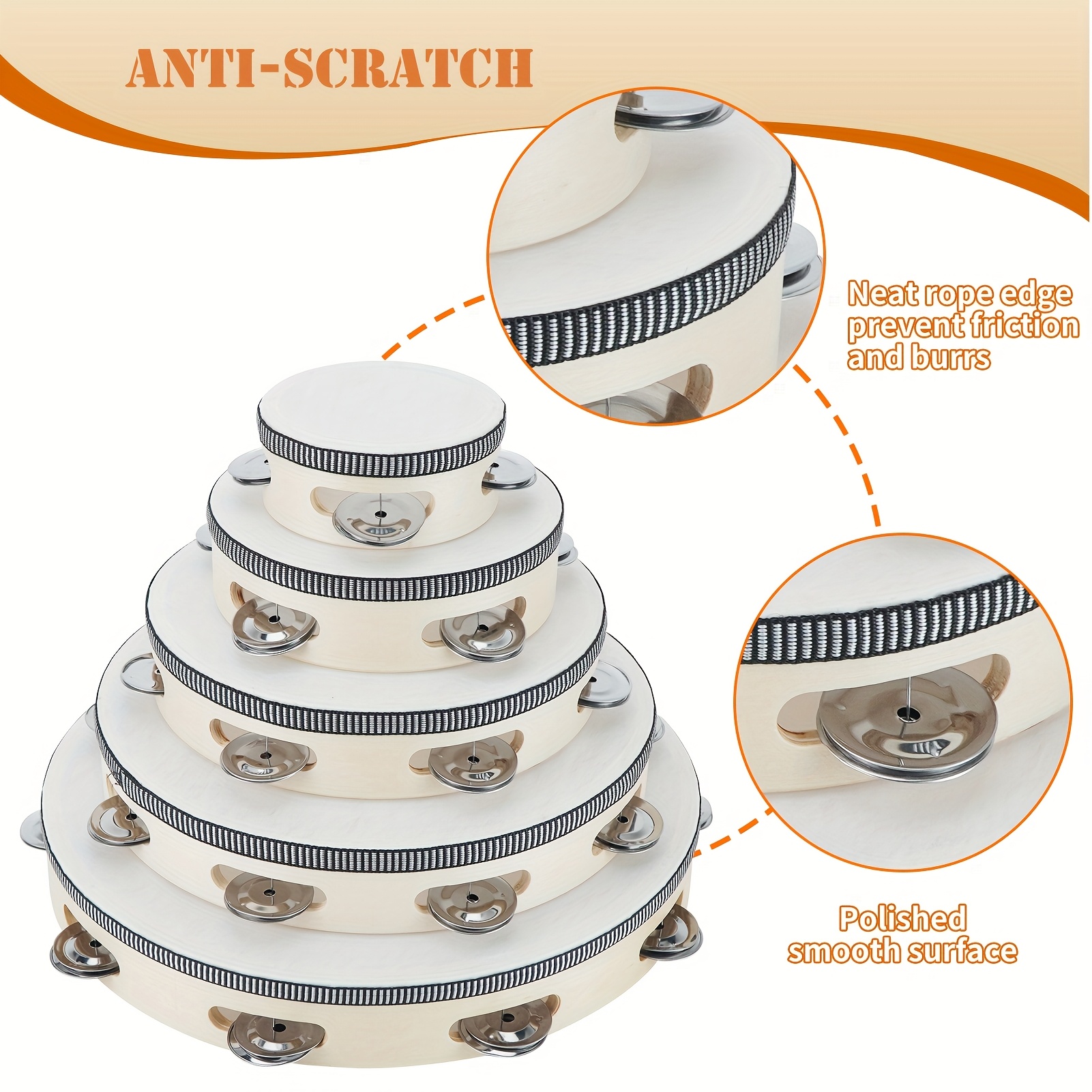 1pc Wood Handheld Tambourine, Single Row Metal Jingles, Percussion Musical Instrument for Church, KTV, Party, Game