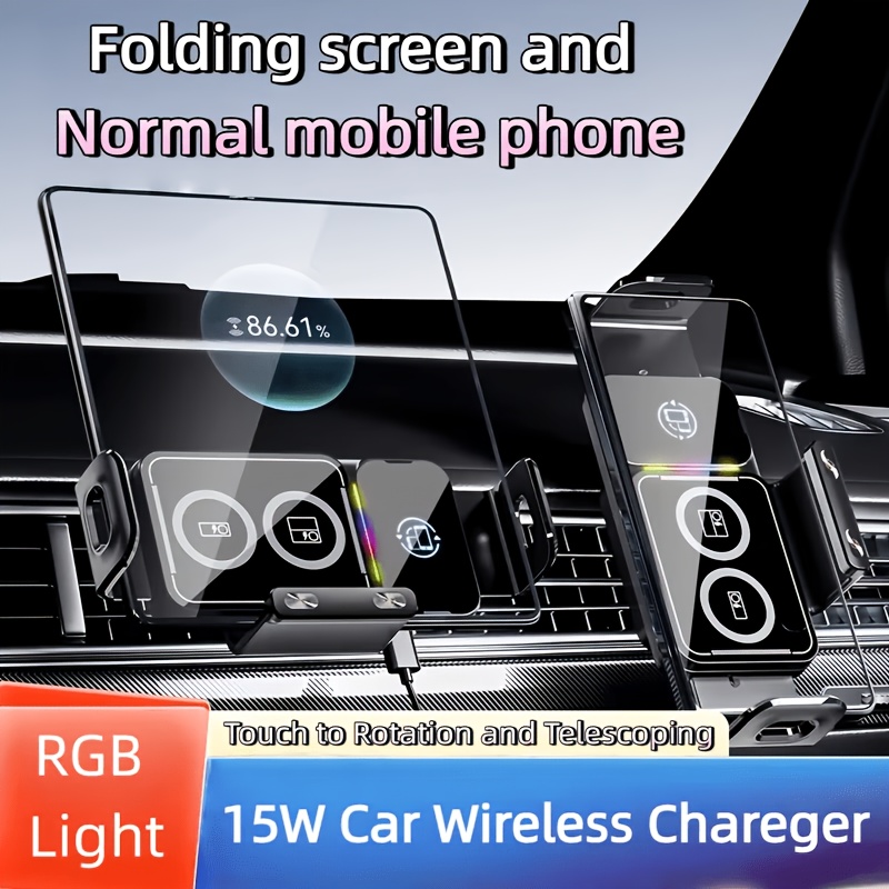 TEMU 15w Fast Wireless Charging Car Air Vent Phone Holder Fold Screen Compatible Auto Phone Stand Dual Charging Coils Stable Mount Qu