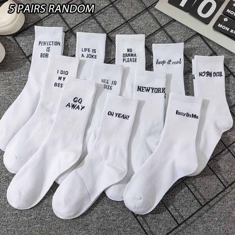 Image of 5 Pairs Women' Mid-calf Socks - Fashion Letter , Breathable & Moisture-wicking, Deodorant-infused For Freshness, Comfortable Casual Socks For Daily Wear, Cute Socks, Moisturewicking Fabric