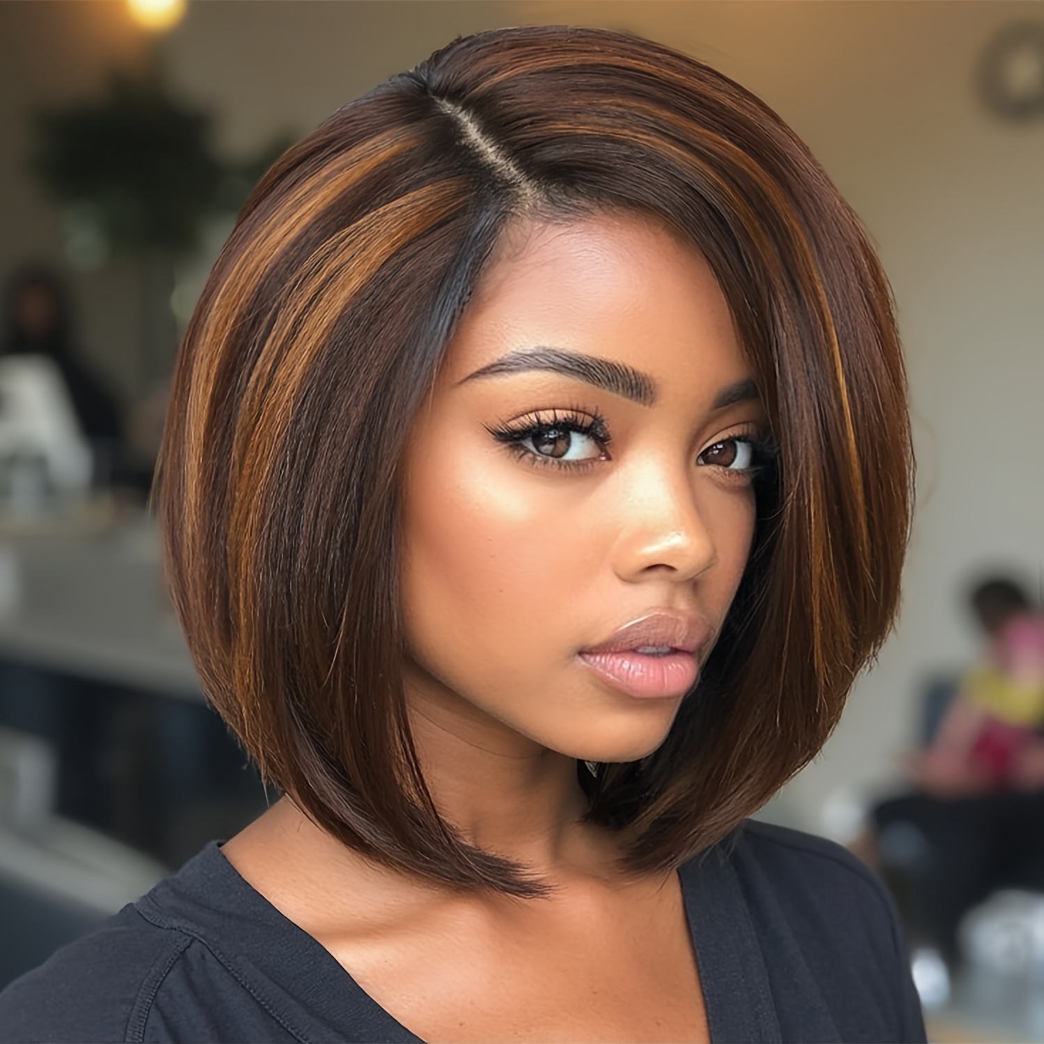 TEMU Short Bob Wigs Side Part Wig Synthetic Hair Straight Wig Wig For Women Black Short Cut Bob Wig Shoulder Length Straight Bob Wig Highlight Brown Straight Hair Daily Life Or Party Use