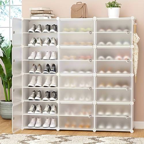 expandable shoe storage unit with doors suitable for boots slippers and shoes featuring 1 3 and layers in white
