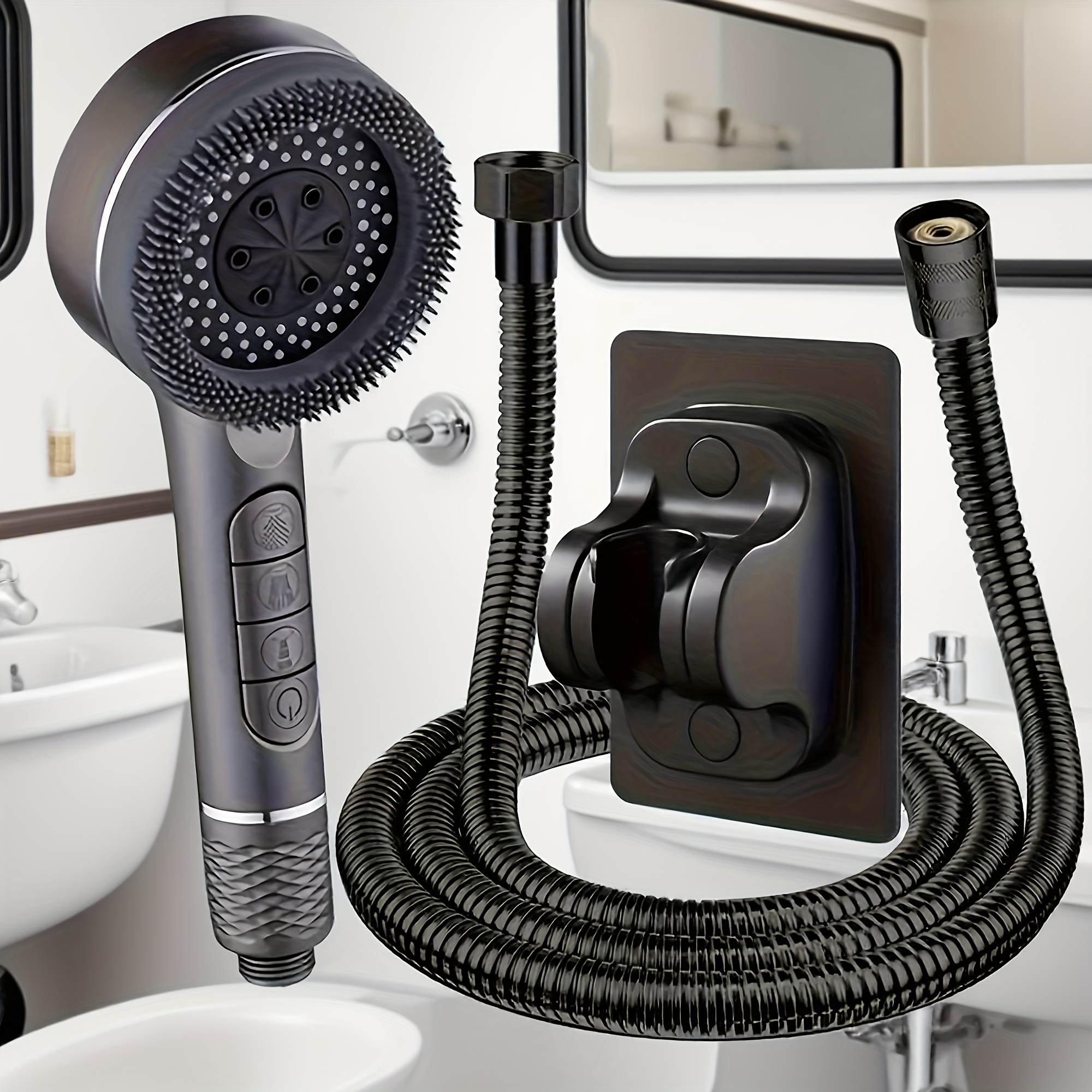High-pressure Handheld Showerhead Set With Piano - Includes 59.06-inch Flexible Black Hose And Wall-mounted Bracket, -free Installation, , Full Coverage, Use