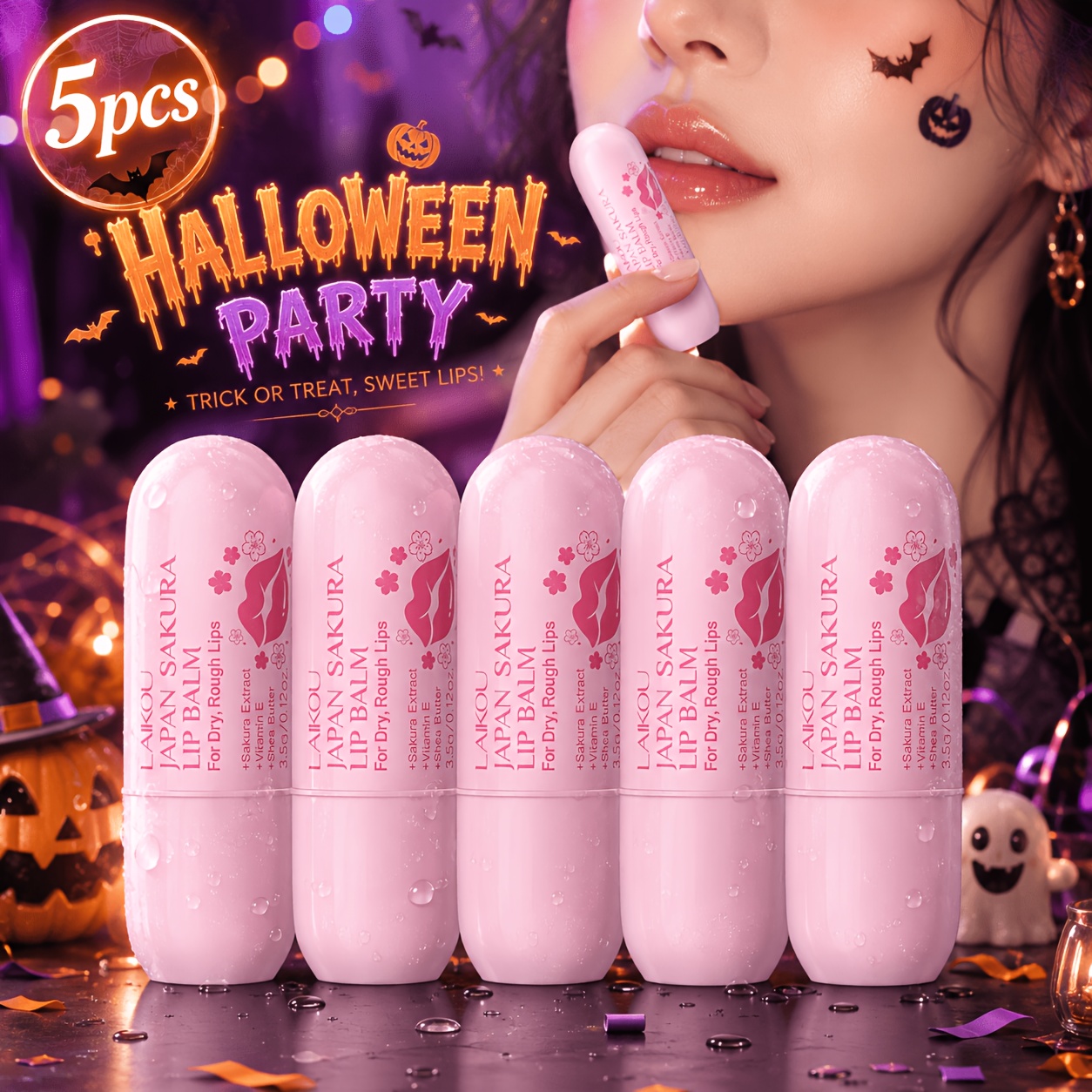 Image of Laikou Five-pack Japanese Cherry Lip Balm, Rich In Cherry , Moisturizing, Long-lasting Hydration, Brightens Your Lips For , Suitable For Daily Use Or Special Occasions