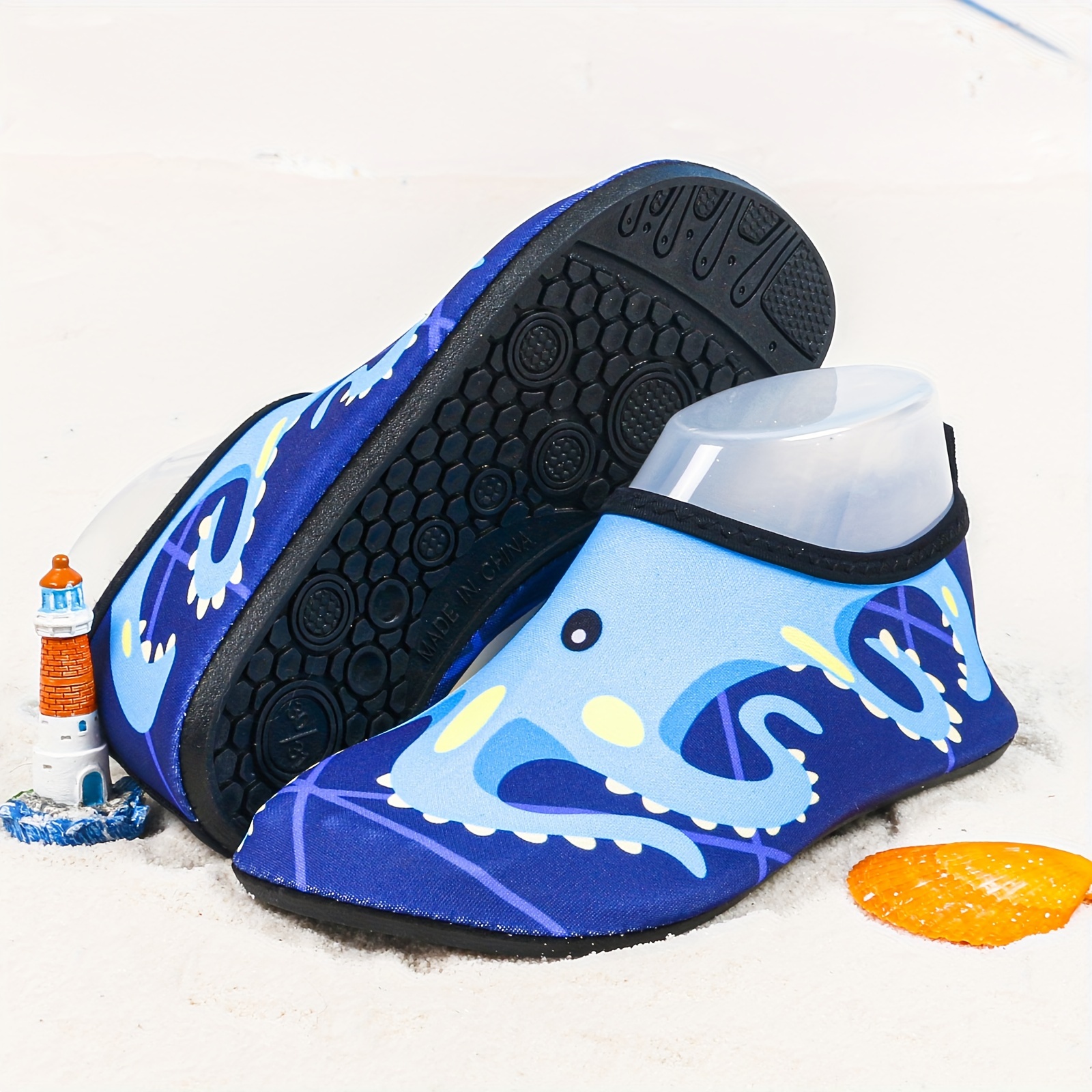Youngsters' Lightweight Slip-On Swim Shoes - Quick-Dry Beach Water Shoes with Cartoon Whale & Designs, Soft Fabric & TPR Sole for Outdoor Swimming, Pool, Lake, Beach, and Light Beige-Friendly Comfort