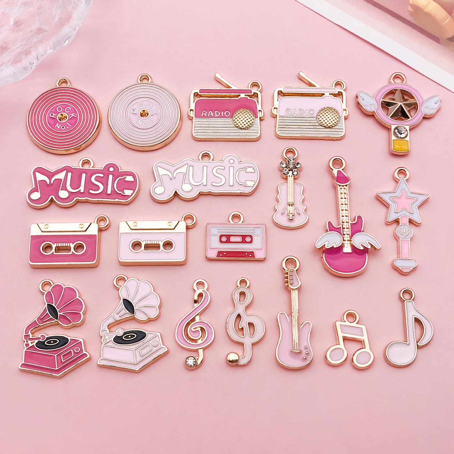 TEMU 20pcs Pink Music Enamel Charms Bulk, Retro Guitar And Vinyl Pendants For Jewelry Making, Bracelet Necklace Keychain Supplies
