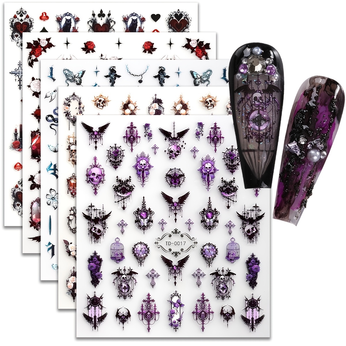 5pcs Set Of Embossed 3d For Nail Stickers, Gothic Style, , Purple Flowers, Witch Crystal Ball Pattern, Self-adhesive Stickers For Nail Art Decoration, Suitable For Women And, For Halloween