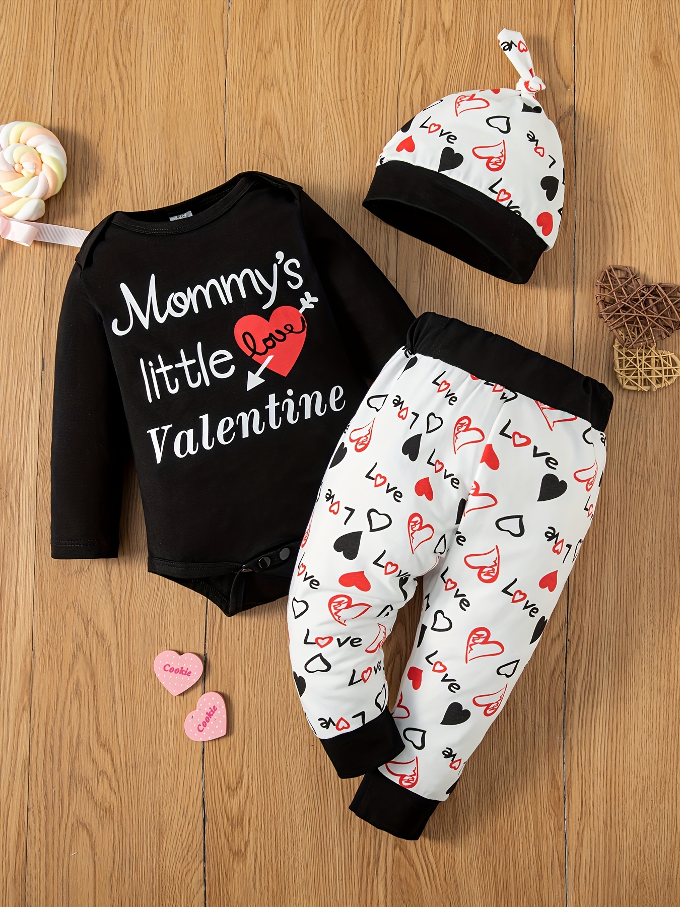 3PCS Baby Boys/girls MOMMY'S LITTLE VALENTINE Print Outfits With Hat For  Spring Fall Valentine's Day Gift