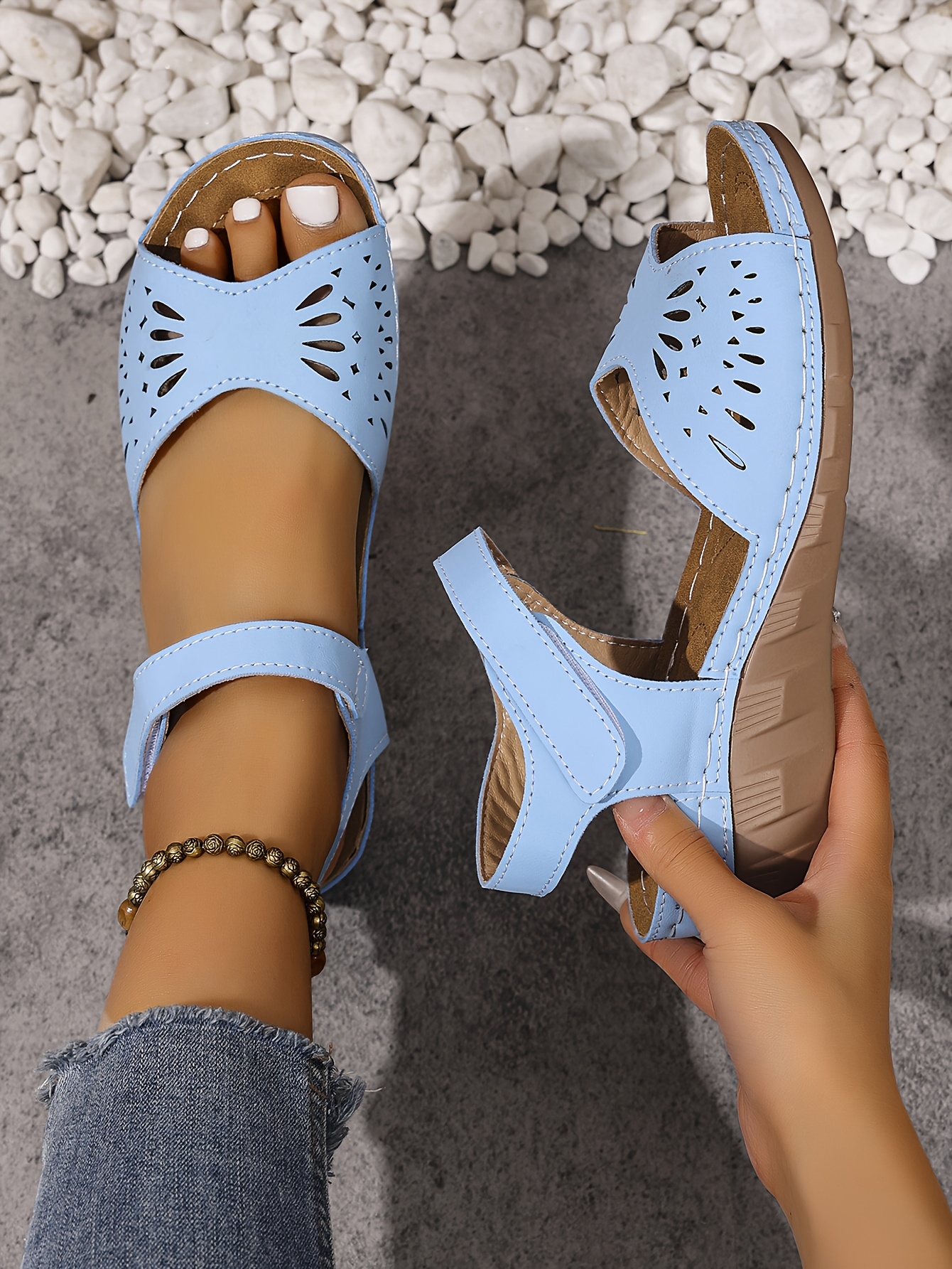 womens adjustable hook and loop sandals lightweight wedge heel open toe summer   with breathable cut out design black synthetic cover for casual formal wear strappy sandals comfortable footwear durable footwear Product details 24